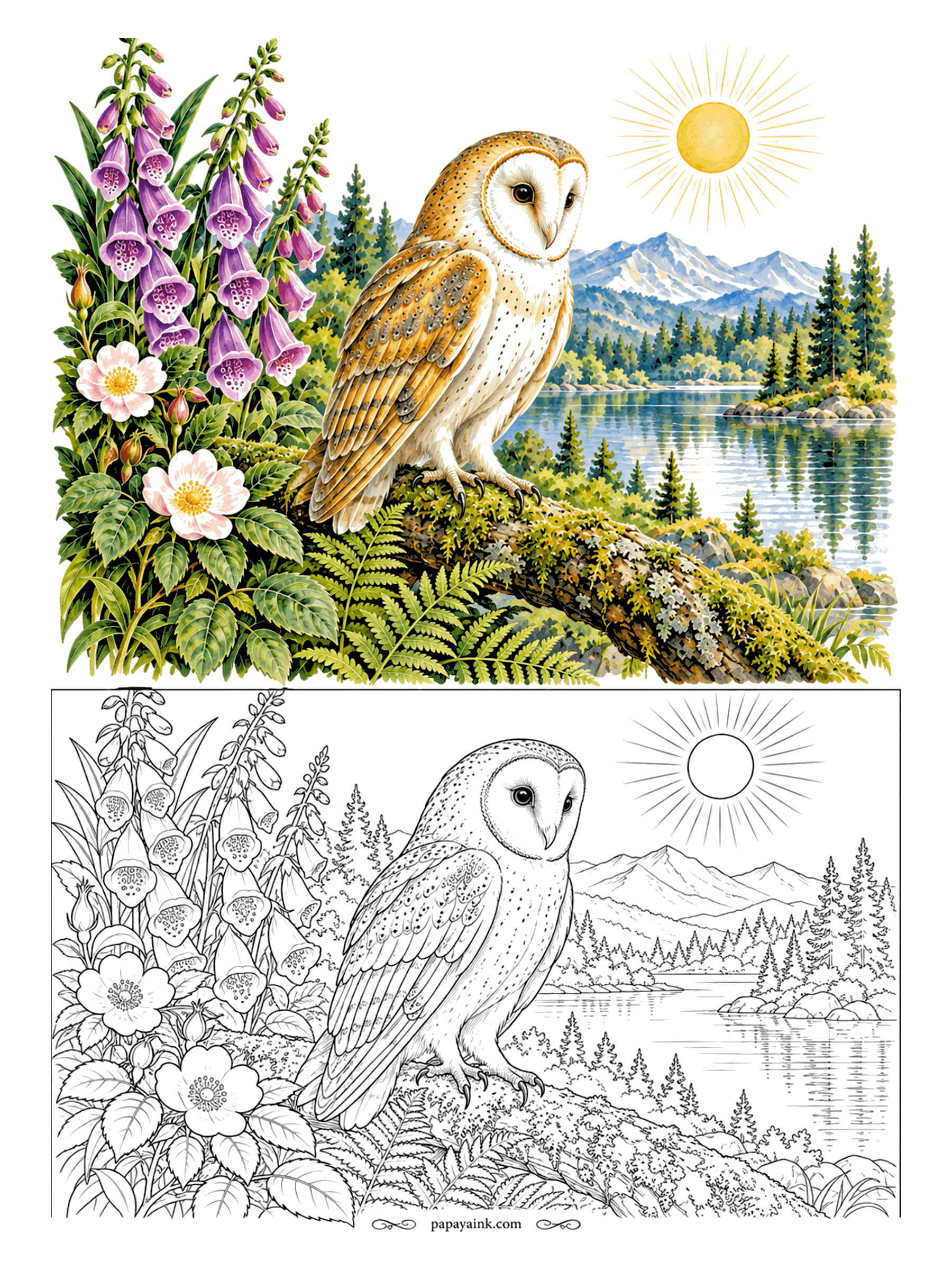 Owl Coloring Pages - Up past her bedtime in broad daylight, the barn owl waits on a log beside foxgloves and wild roses, the lake glowing behind her. Golden buff and gray on the wings, a white heart-shaped face. Detailed.
