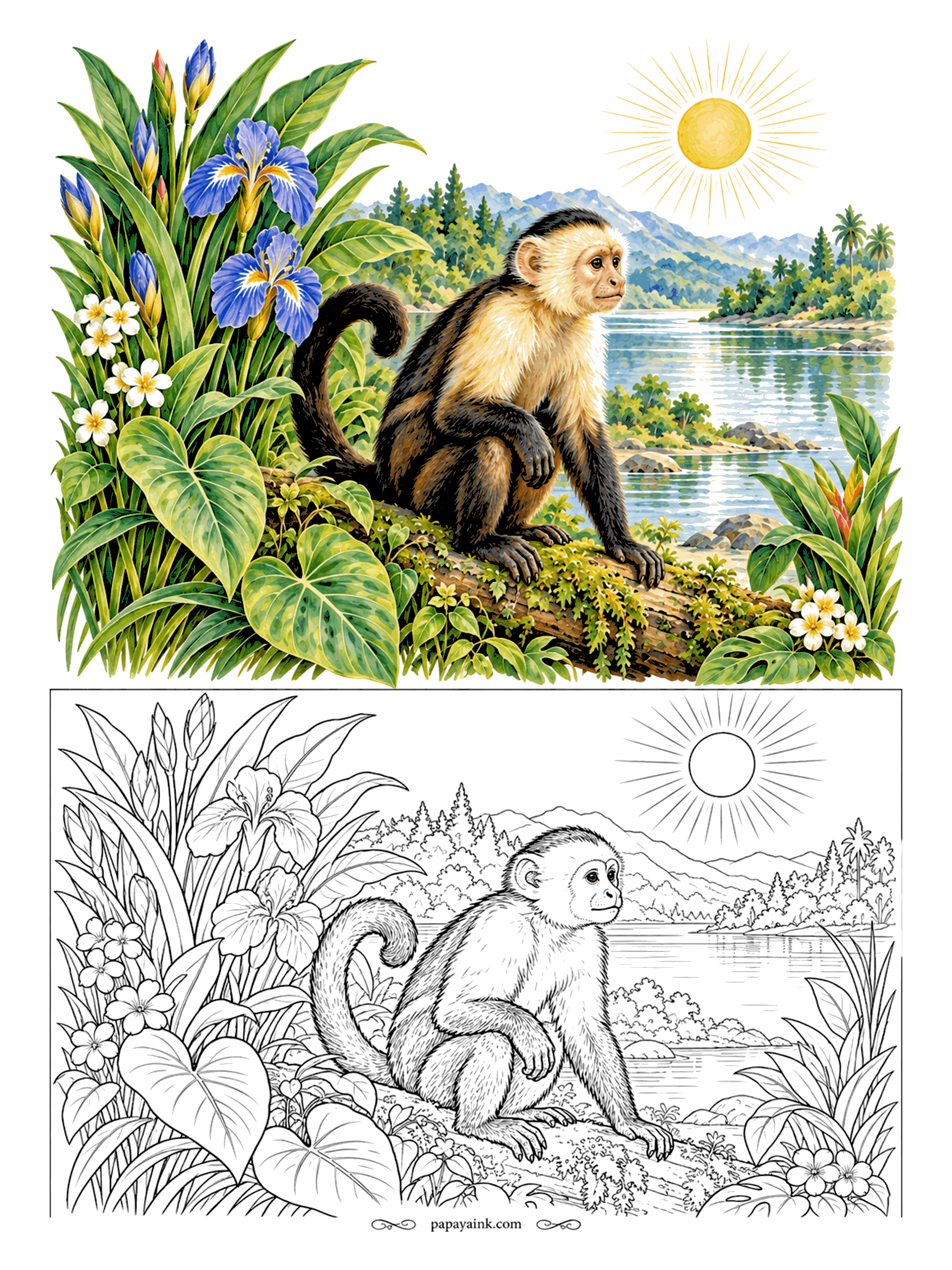 Monkey Coloring Pages - Cream face, dark cap, long curling tail: the white-faced capuchin is easy to recognize, and he sits on a fallen log thinking things over. Irises and broad tropical leaves frame the lake. Dark brown body, warm cream face and shoulders.