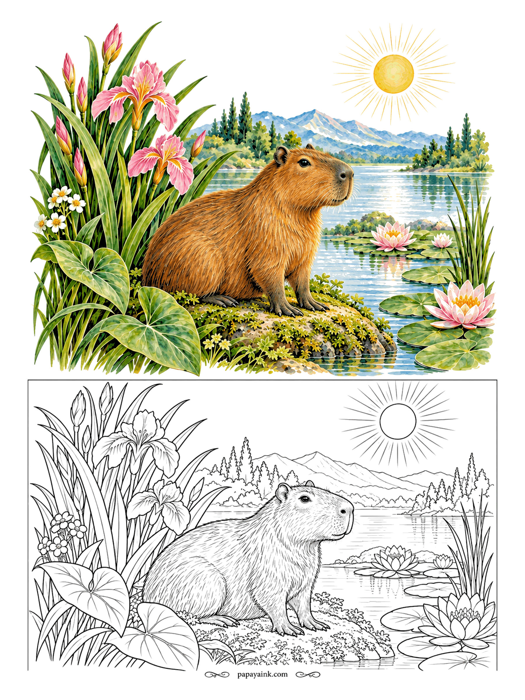 Capybara Coloring Pages - The capybara is the world's largest rodent and also, apparently, its calmest. He lounges on a grassy bank by the water with pink irises and lilies for company. Warm caramel brown, darker down the spine.
