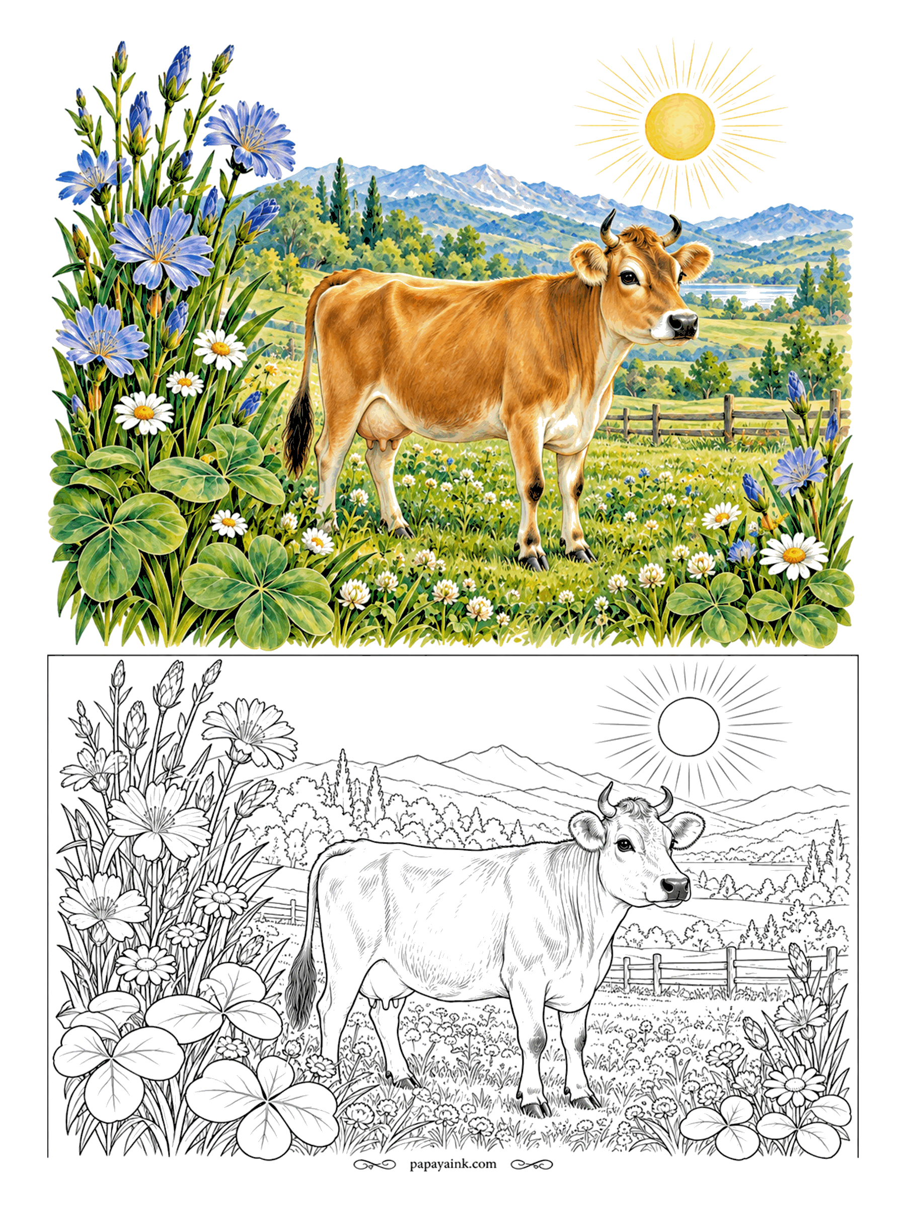 Cow Coloring Pages - Chicory, daisies and clover grow right up to her knees: the cow has found the best meadow on the farm, wooden fence and all. Honey brown for the coat, a darker tone along the back and legs.