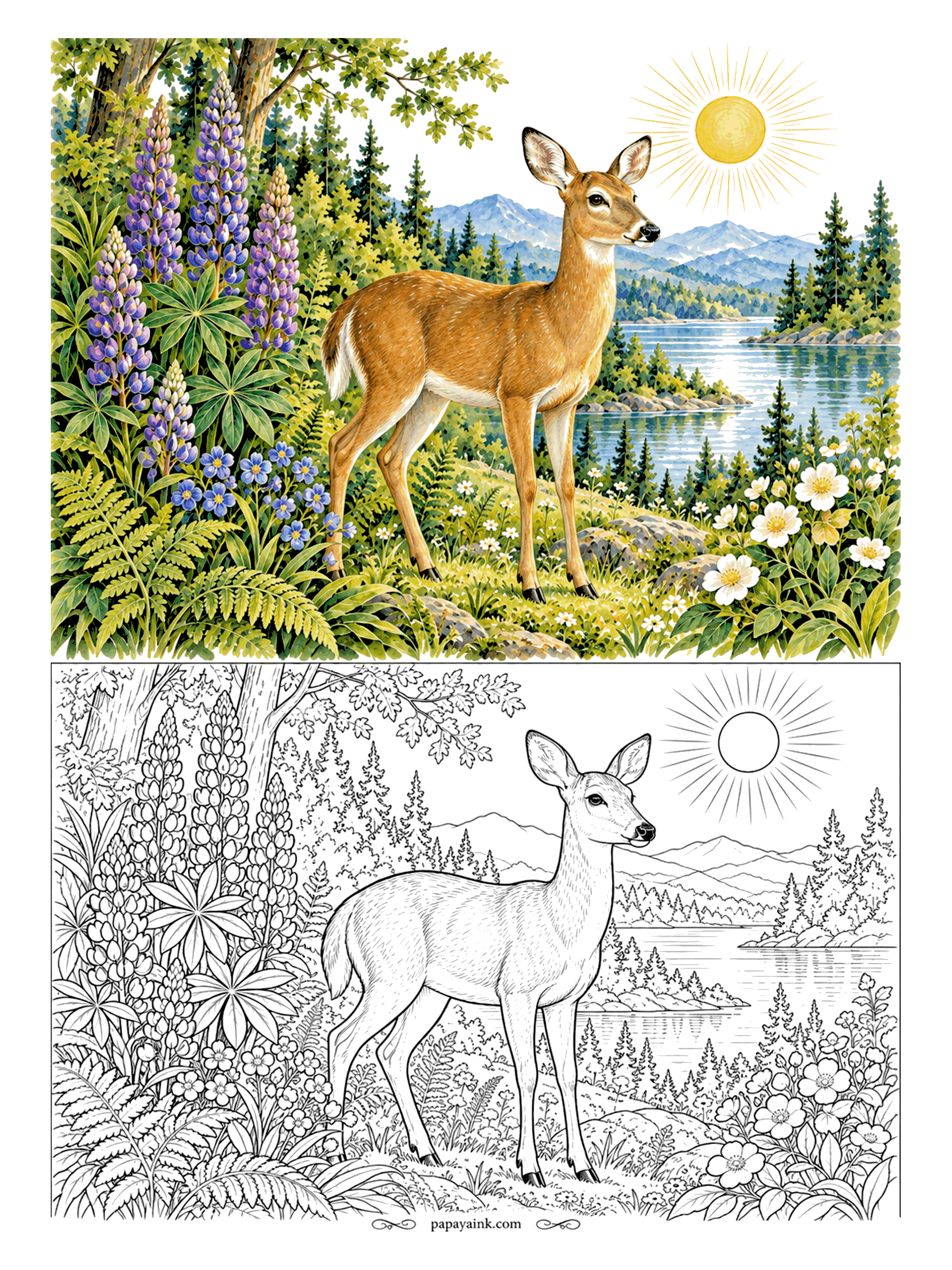 Deer Coloring Pages - Lupines in purple and blue stand nearly as tall as the doe, who has stopped at the edge of the forest to listen. Ferns, leafy branches and white wildflowers fill every corner. Warm tan for her coat, cream on the belly. Detailed.