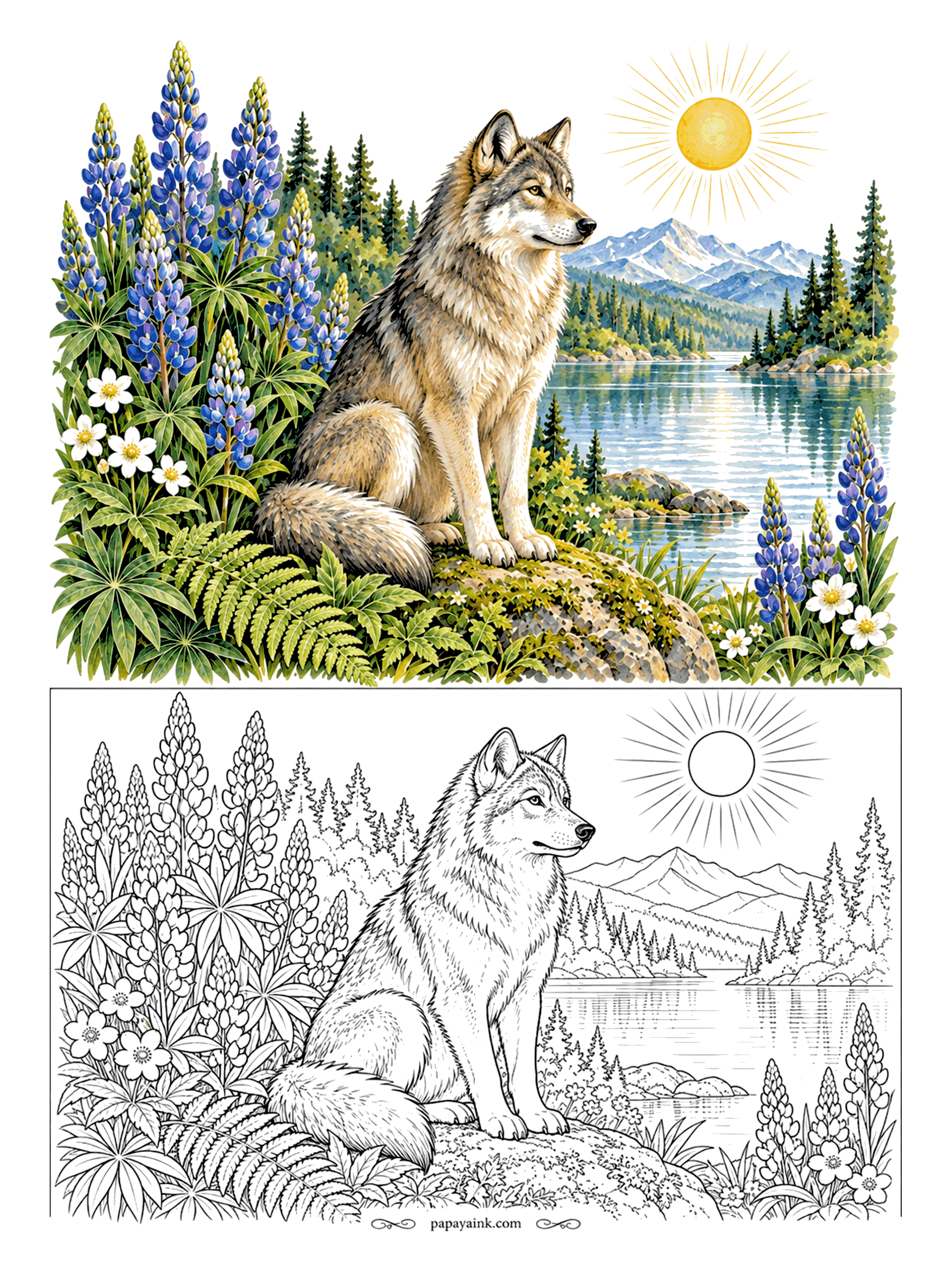 Wolf Coloring Pages - The gray wolf has taken a seat on a rock above the lake, ears forward, watching something across the water. Blue lupines and small white blooms surround her. Layer warm gray, cream and a little tan in the fur. Detailed.