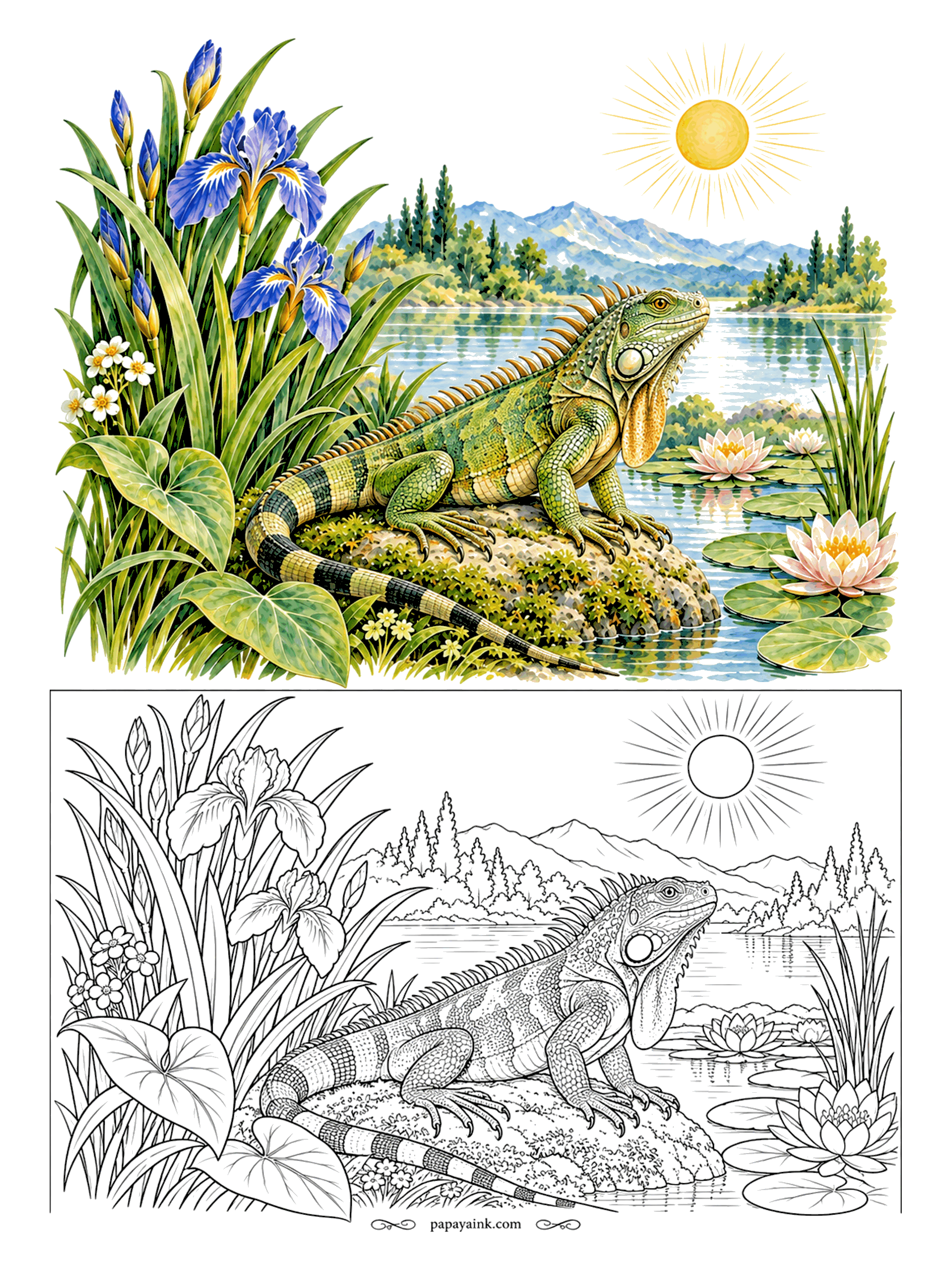 Lizard Coloring Pages - Stretched out on a sun-warmed stone, the green iguana is doing what iguanas do best. Irises rise behind him, and his banded tail trails down toward the lily pond. Lime green with darker olive bands.