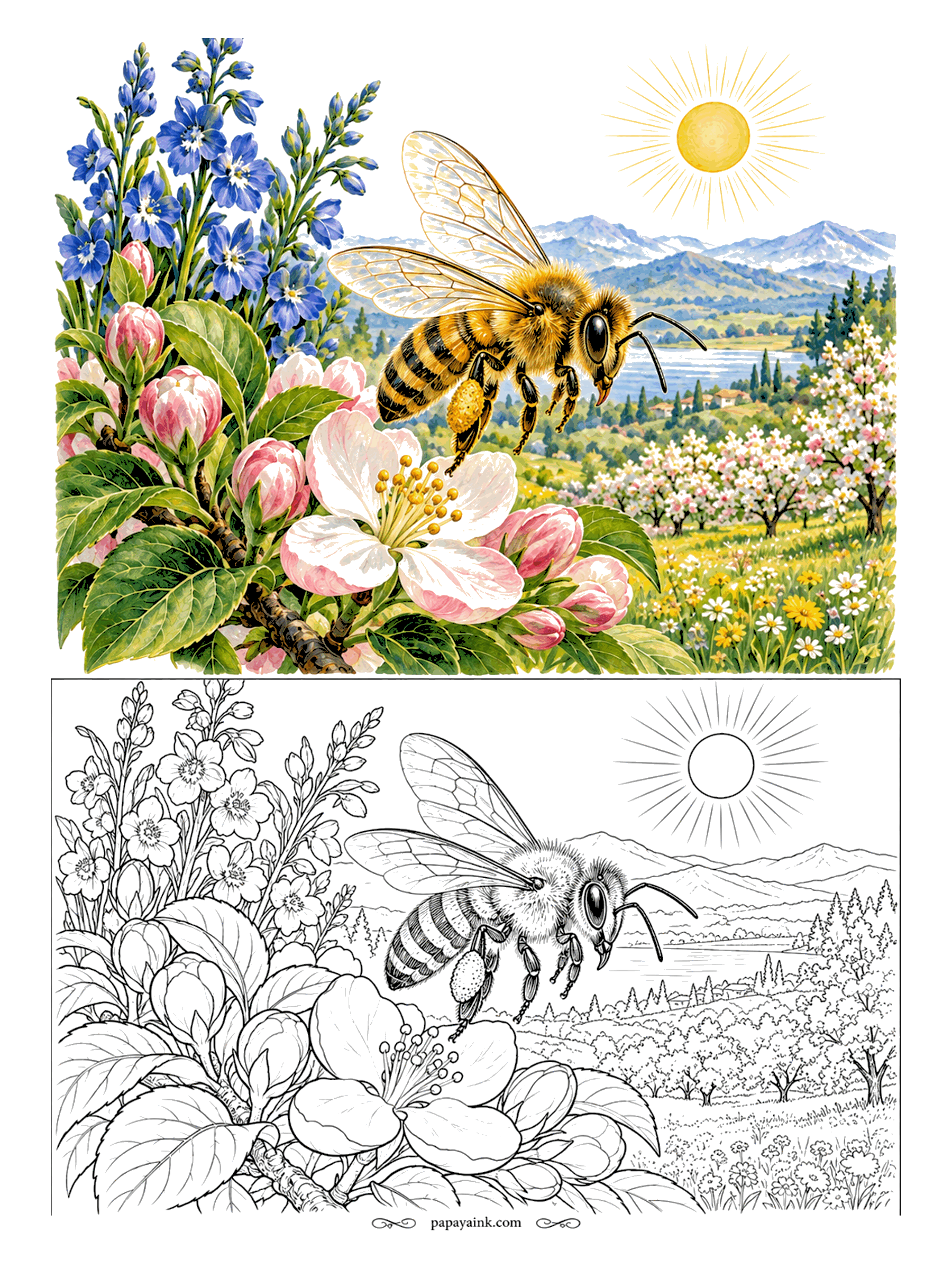 Bee Coloring Pages - Spring orchard, full bloom, one honeybee on duty. She hovers over an open apple blossom with buds still curled pink around it, blue spires rising behind. Amber and dark brown bands, and leave the wings almost white. Detailed.