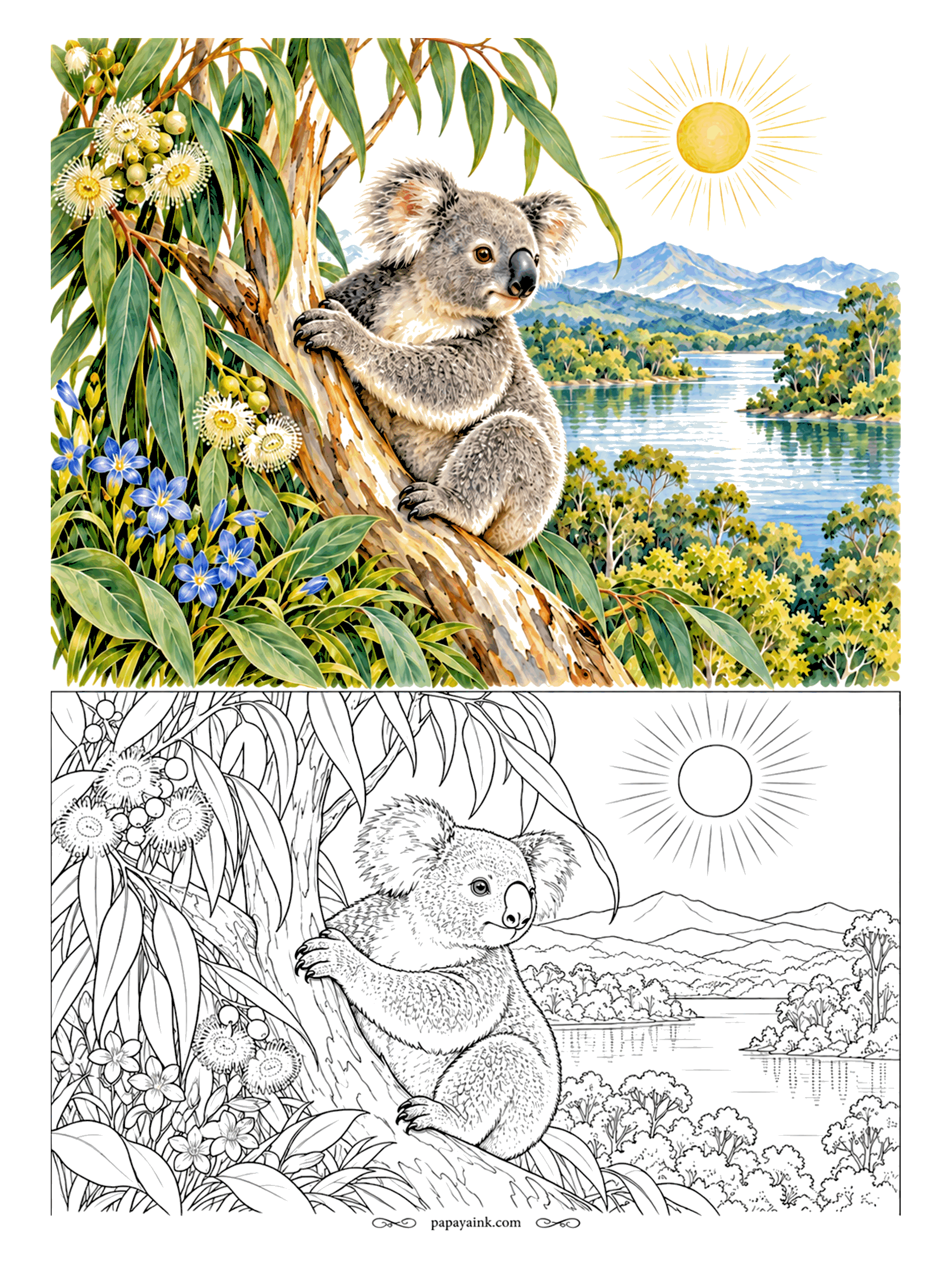 Koala Coloring Pages - Koalas eat almost nothing but eucalyptus, so this tree is basically her pantry. She hugs the trunk among cream gum blossoms and blue flowers, with water and green islands far below. Soft gray and white fur, dark nose, pink inside the ears.