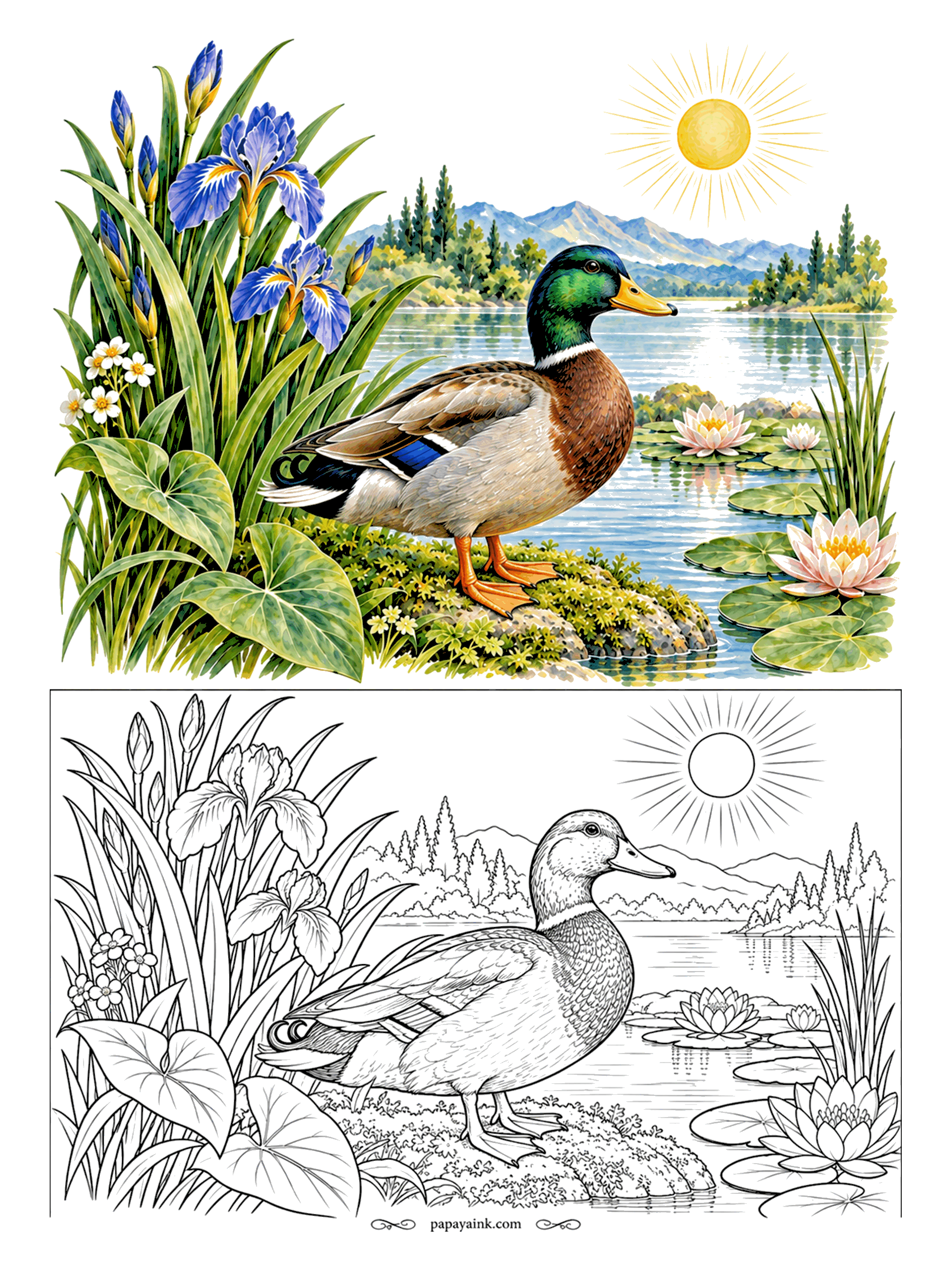 Duck Coloring Pages - A mallard drake in full breeding colors stands on the mossy bank among blue irises. Green head, white collar, chestnut chest, and that little flash of blue on the wing - the speculum - is worth your sharpest pencil.