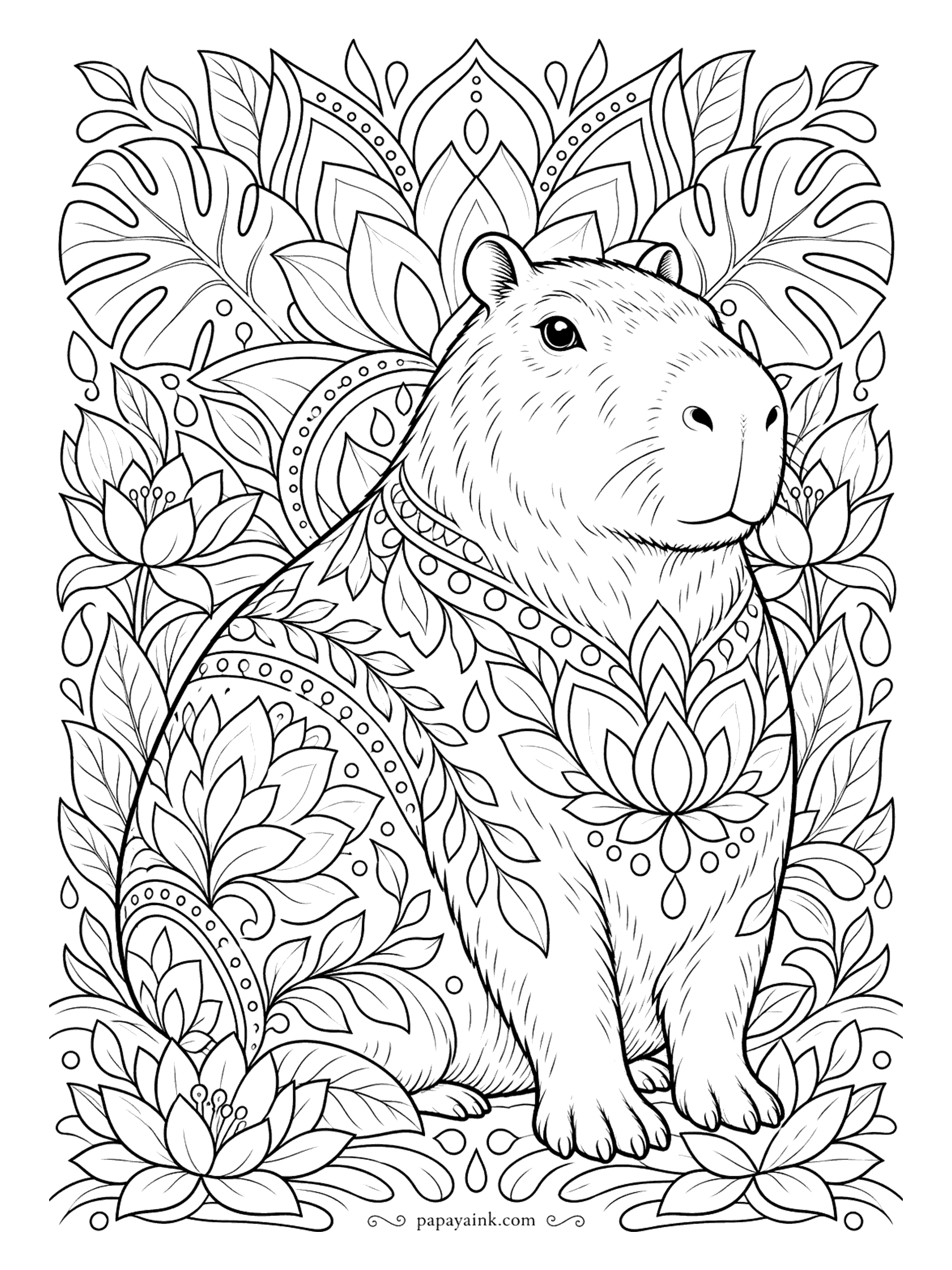 Capybara Coloring Pages - Lotus flowers, paisley drops and dotted bands cover the coat of this botanical mandala capybara, while a wall of patterned leaves rises behind. The most intricate design here, made for gel pens and a quiet evening. Detailed.