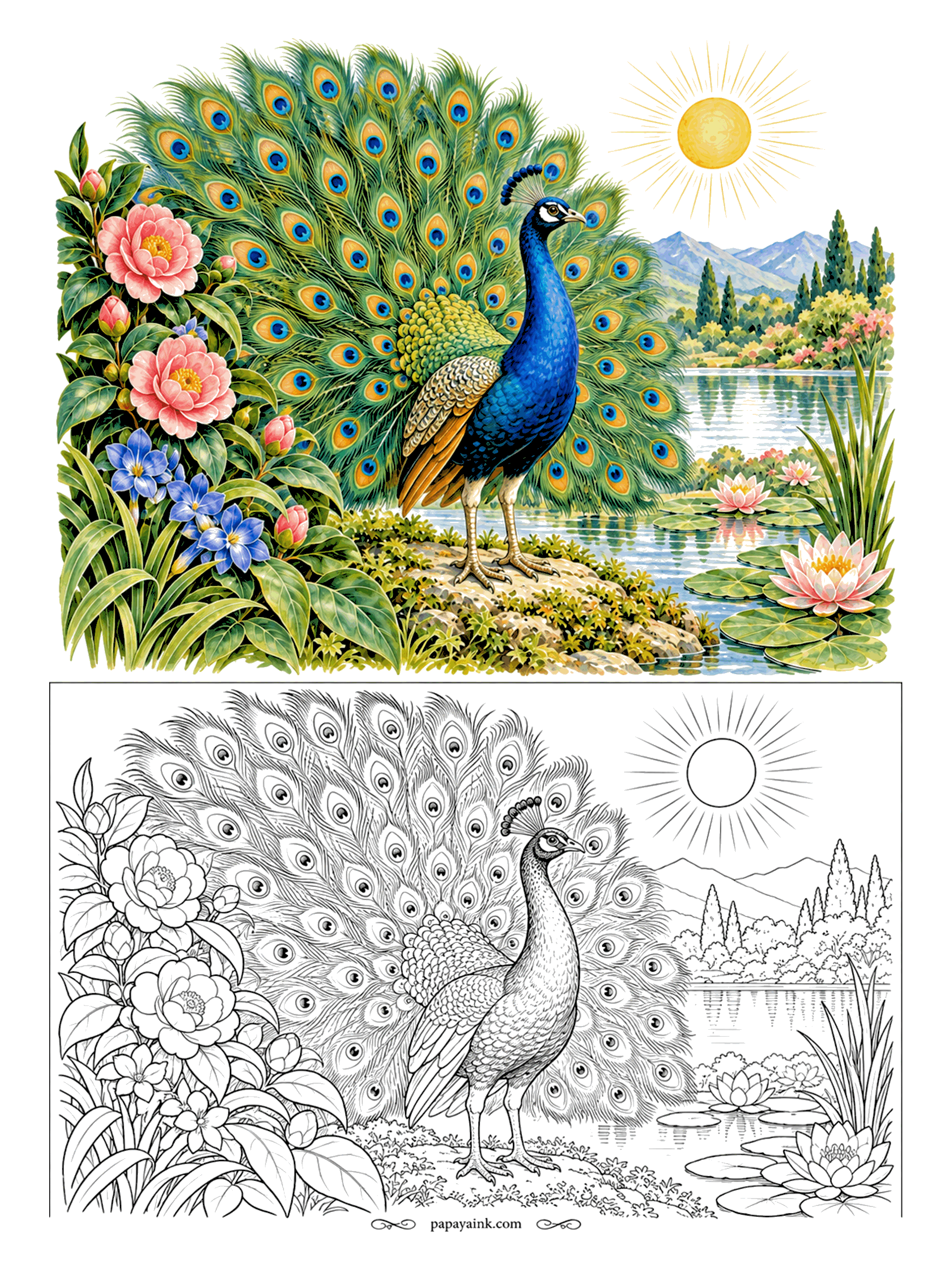 Peacock Coloring Pages - Two hundred eyes on one tail, give or take. The peacock has fanned it wide on a lakeside rock, with pink blooms and blue blossoms crowding in from the left. Teal and emerald for the tail, deep royal blue at the neck. Detailed.