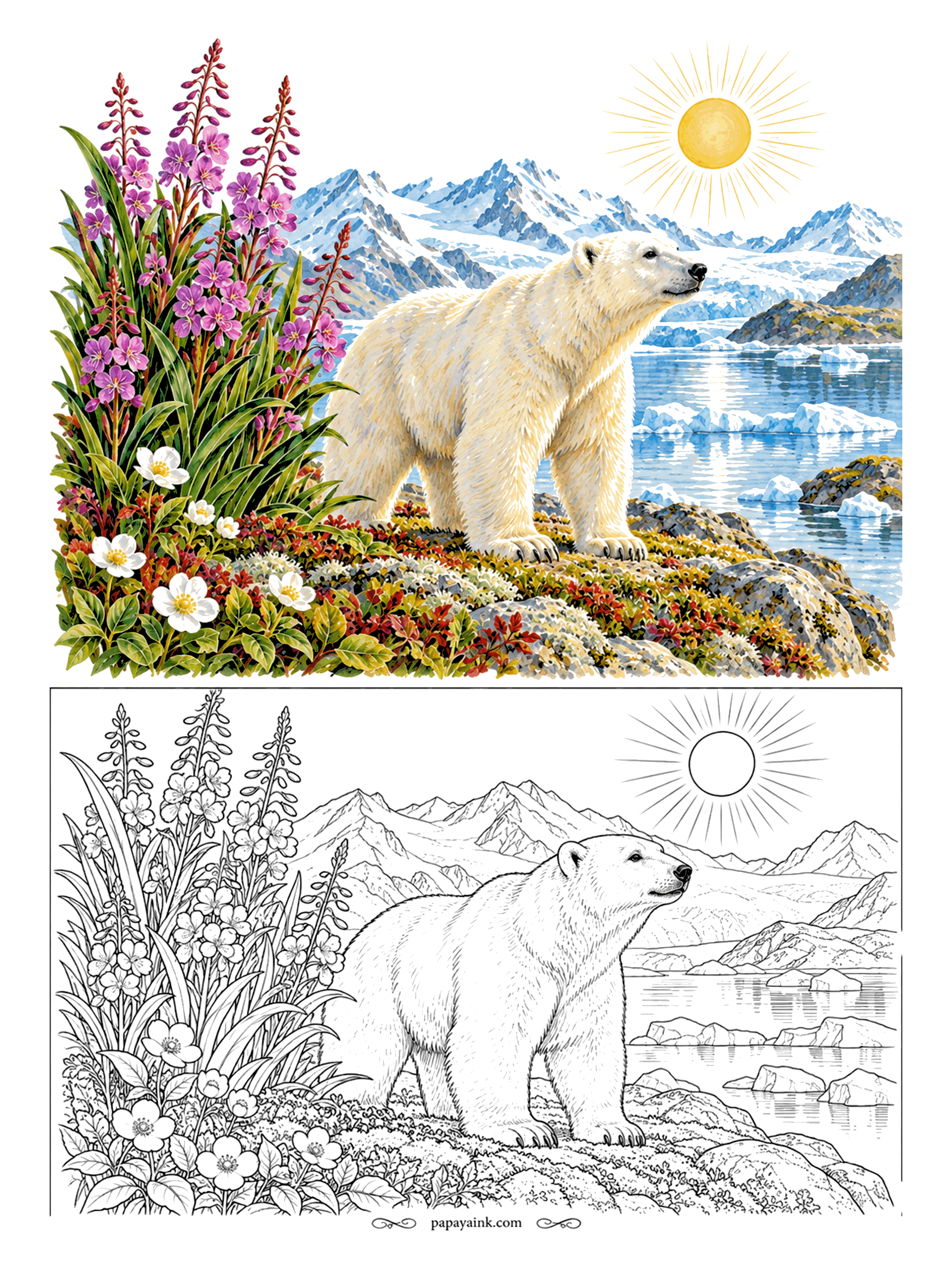 Polar Bear Coloring Pages - Summer in the Arctic is short, and fireweed makes the most of it. A polar bear walks a rocky shore under magenta spikes, with a glacier and drifting ice on the water. Cream and pale blue-gray for the fur rather than plain white. Detailed.