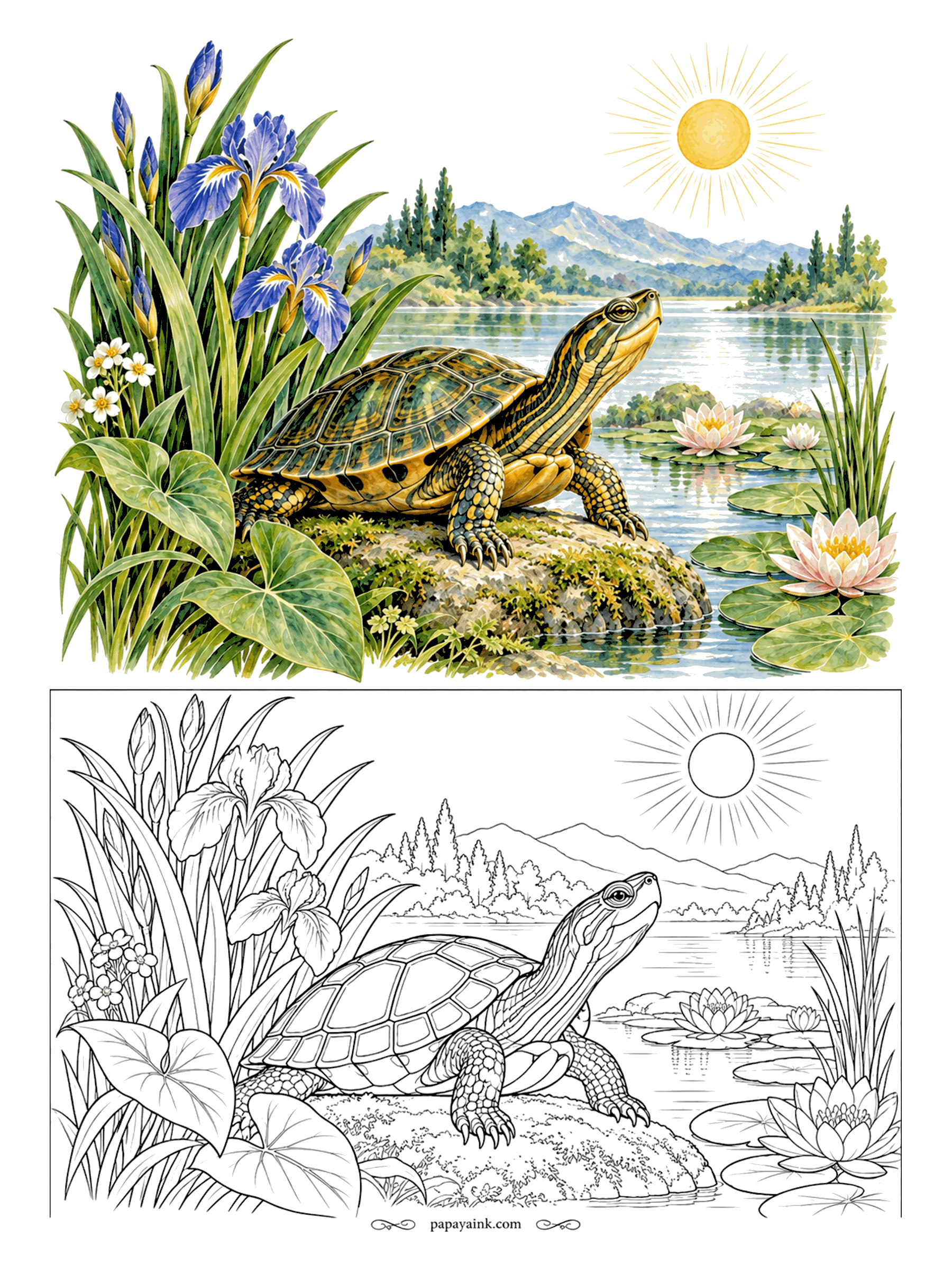 Turtle Coloring Pages - The pond turtle has claimed the best rock on the lake and does not plan to share it. Blue irises lean over her shell, and water lilies float out toward the far pines. Olive and gold for the shell plates, one stripe at a time.