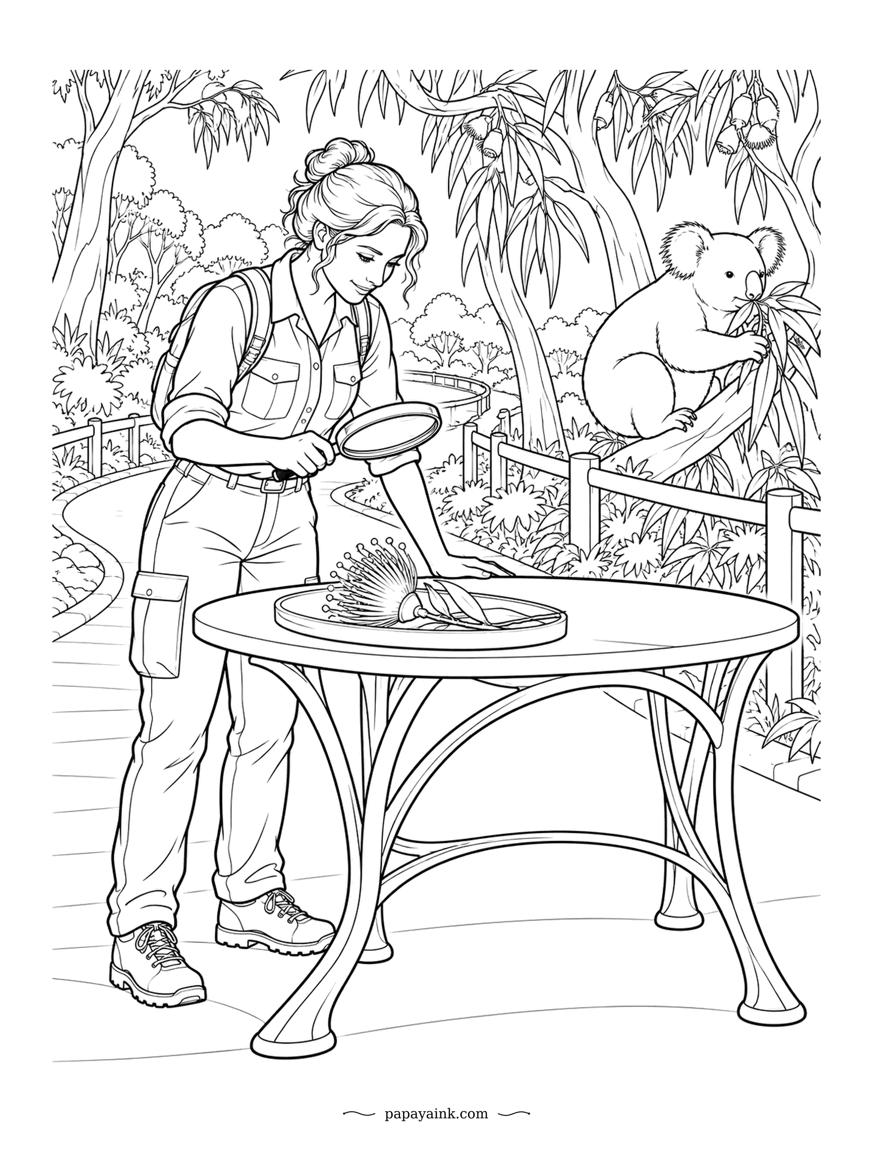 Koala Coloring Pages - Eucalyptus flowers have no petals - the fluffy part is a burst of stamens, which is exactly what the botanist is studying through her magnifier. The koala above prefers the leaves. Detailed boardwalk and bushland.