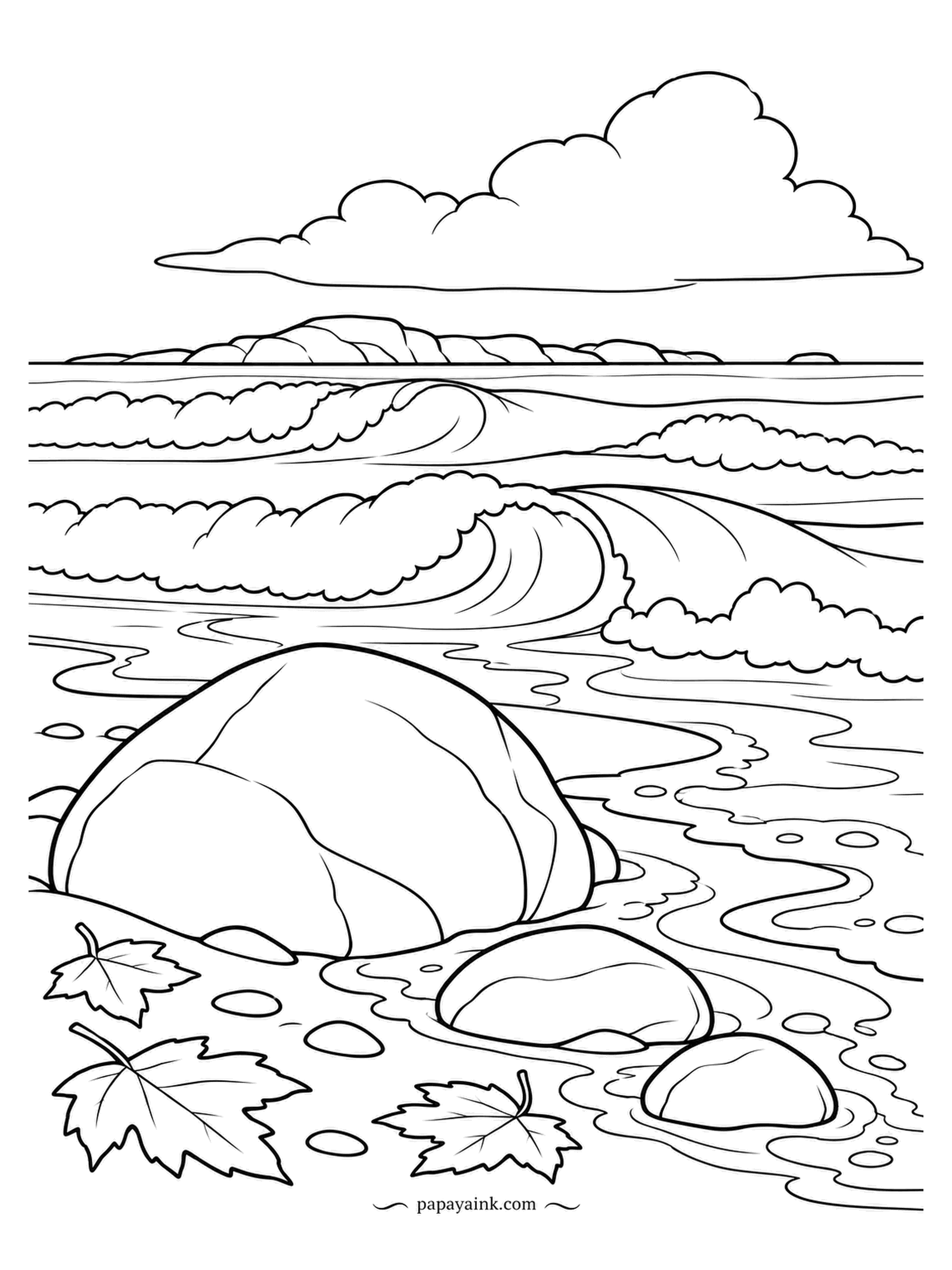 Nature Coloring Pages - Someone left a boulder the size of a car on this beach, and the surf keeps trying to move it. Maple leaves blew down from the forest behind and landed among the pebbles. Wet sand is darker than dry: shade the foam line accordingly.