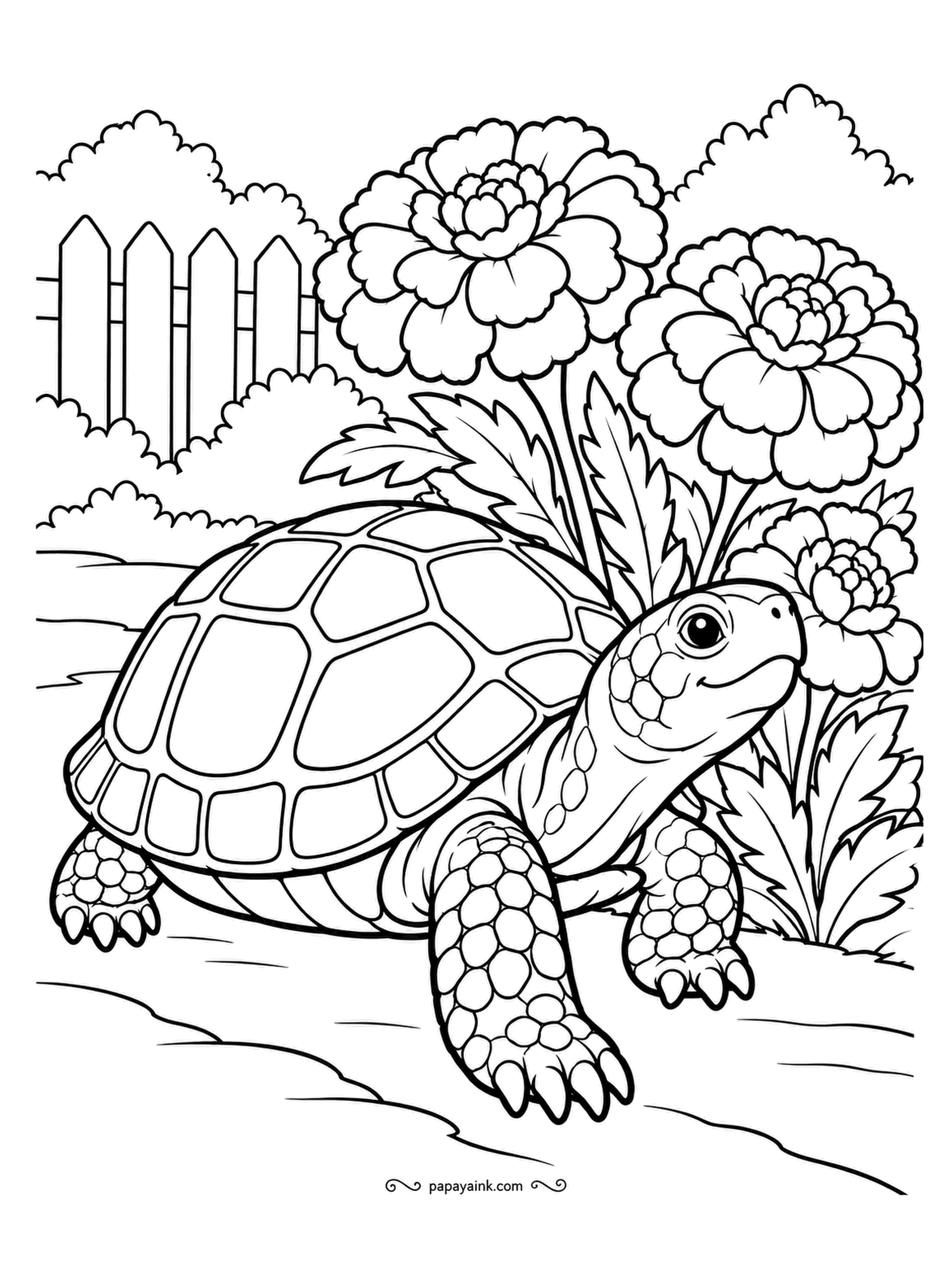 Garden Coloring Pages - A box turtle plods past a clump of marigolds with a picket fence behind. The domed shell is divided into large plates, each one a chance for a different shade of olive and amber, and the marigolds want pure orange. Detailed.
