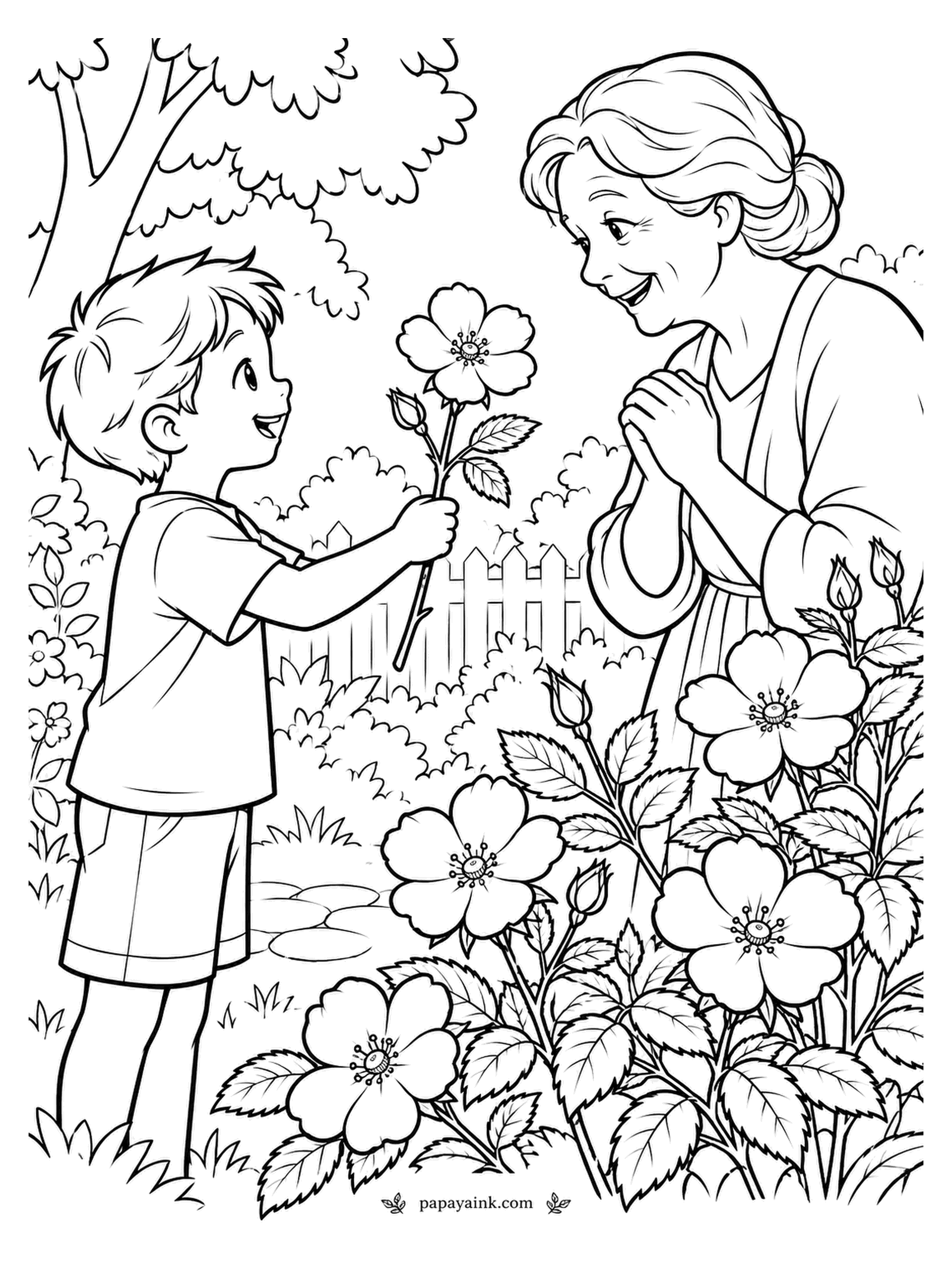Rose Coloring Pages - Picked by himself and presented at full speed: a single wild rose for grandma. She clasps her hands as if it were a dozen long-stemmed reds. Five-petal blooms fill the foreground, and soft pink suits them best.