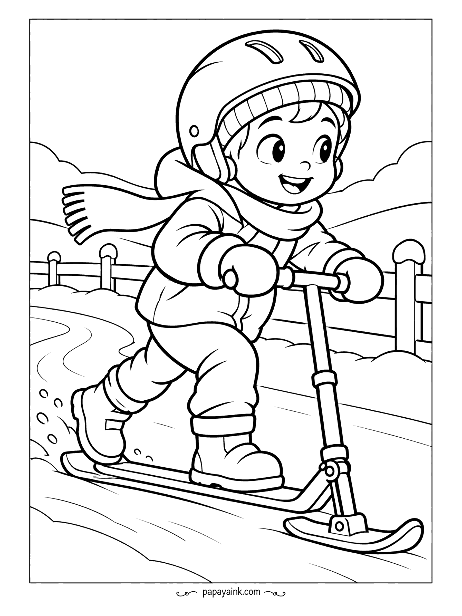 Free Printable Winter Coloring Pages - Helmet on, one boot pushing, the scooter on skis instead of wheels and a fence sliding past. The scarf tells you which way the wind is going. Few lines here, so it suits markers and younger hands.