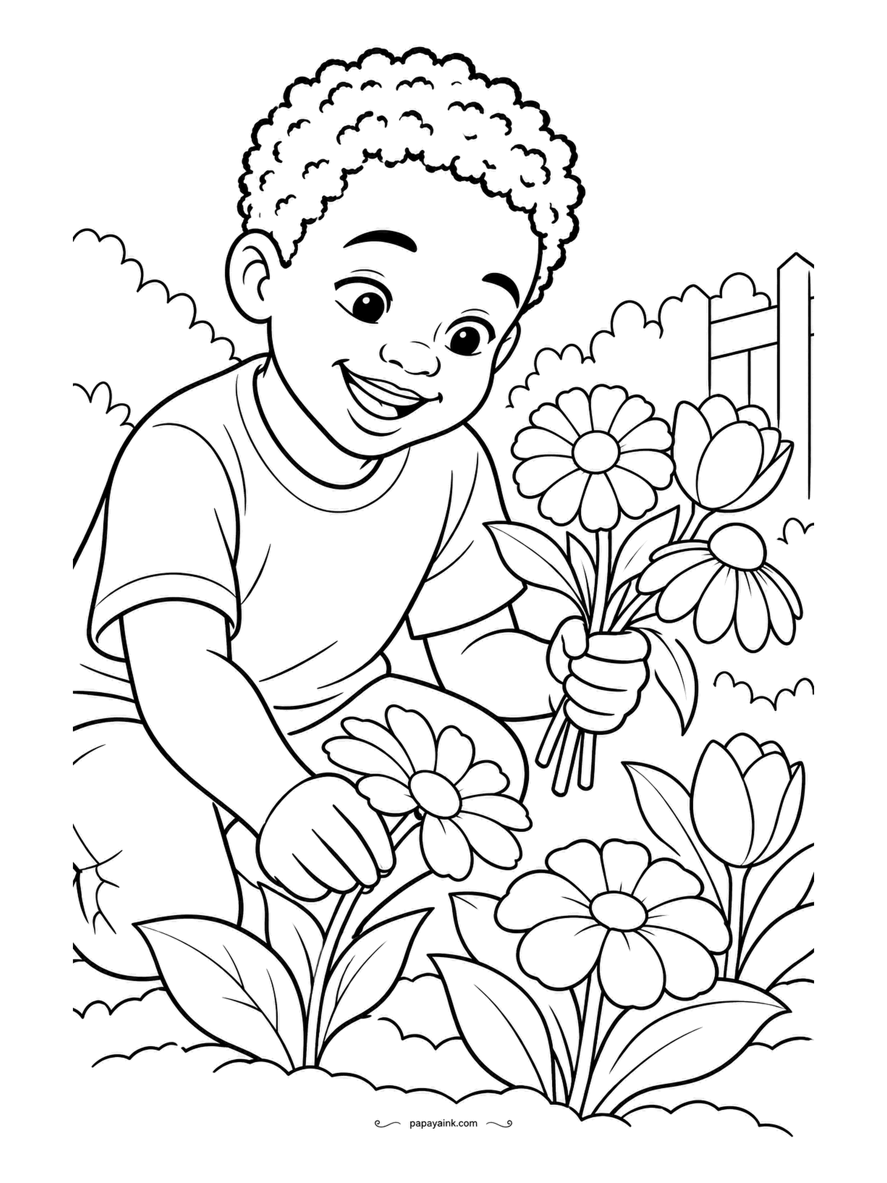 Garden Coloring Pages - Kneeling at the edge of a flower border, a boy has gathered a handful of daisies and tulips and reaches for one more, picket fence behind him. Mixed colors in the bouquet, one per flower, read better than a rainbow in every bloom.