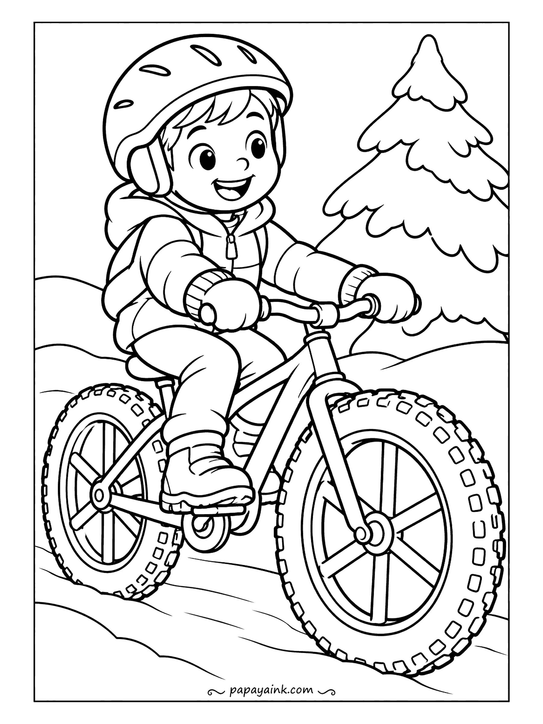 Free Printable Winter Coloring Pages - Fat tires with a tread like a tractor, built for exactly this, and a boy pedaling past a fir with no intention of stopping. Spokes and tread blocks are the patient part. Tires black, frame however you like, snow left bare.