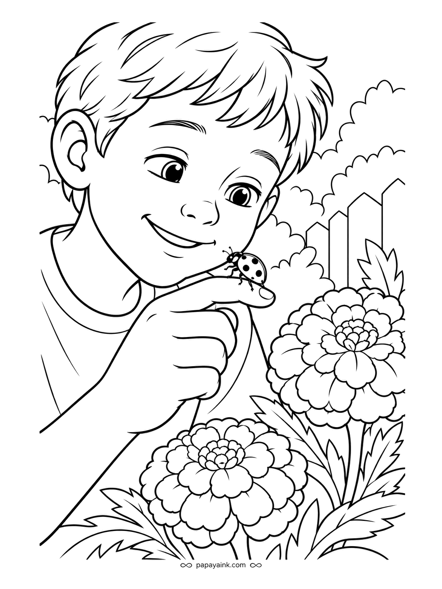 Garden Coloring Pages - A ladybug has landed on a boy's fingertip and he is holding very still, marigolds in full ruffle beside him. Red ladybug, deep orange marigolds, and a soft blue sky over the fence - the simplest palette on the page and one of the best.