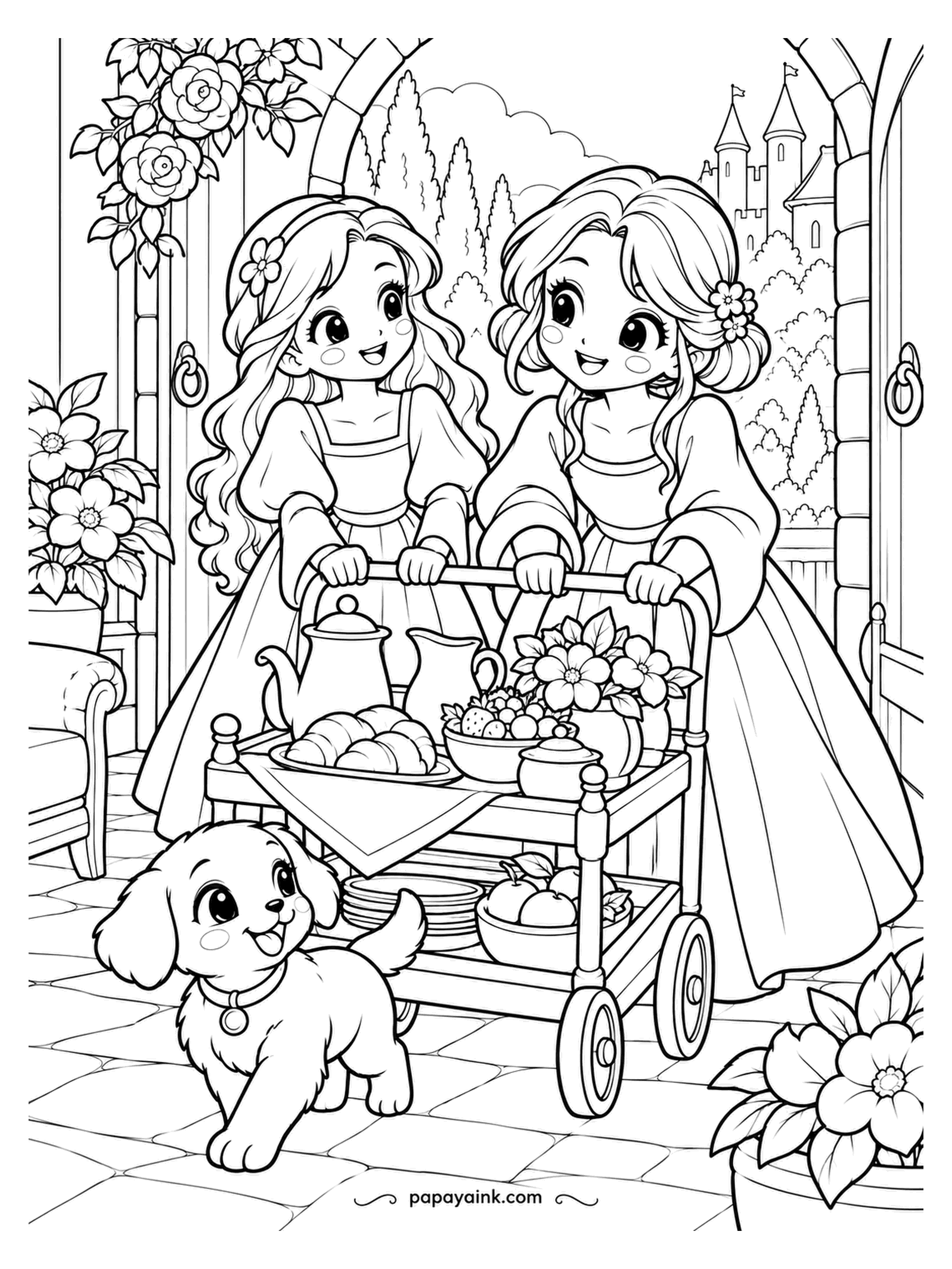 Kawaii Princess Coloring Pages - Breakfast is coming to the garden, and the puppy is running ahead to announce it. The princesses push the trolley through the gate: teapot, croissants, a bowl of strawberries and a vase of flowers, nothing forgotten. Pale wood for the trolley; let the strawberries shout.