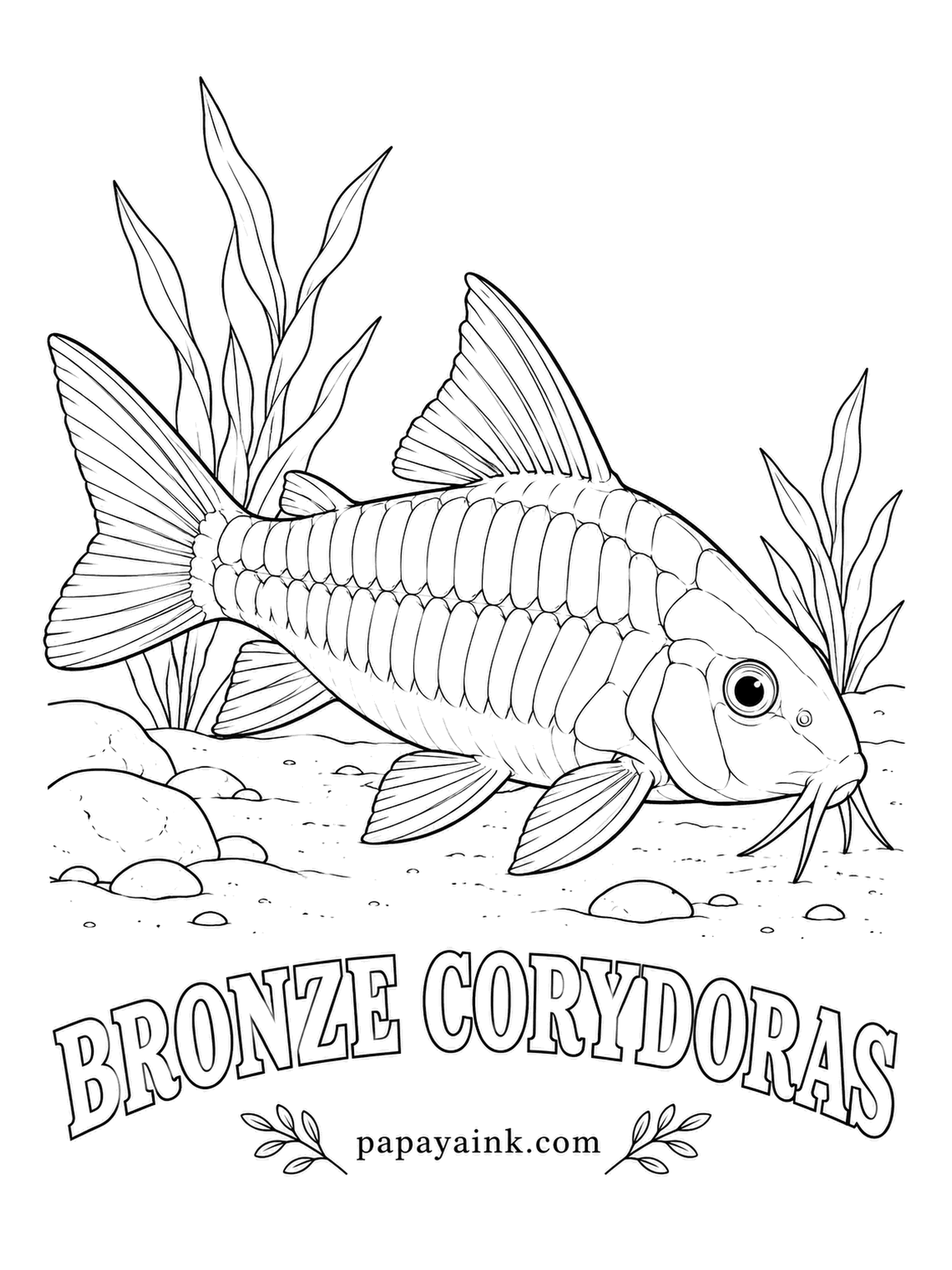 Aquarium Fish Coloring Pages - Now and then a bronze cory darts to the surface, gulps a bubble of air and dives back down: it can breathe through its gut. Bony armor plates cover it instead of scales. Give it a metallic green-bronze sheen and a pale belly.