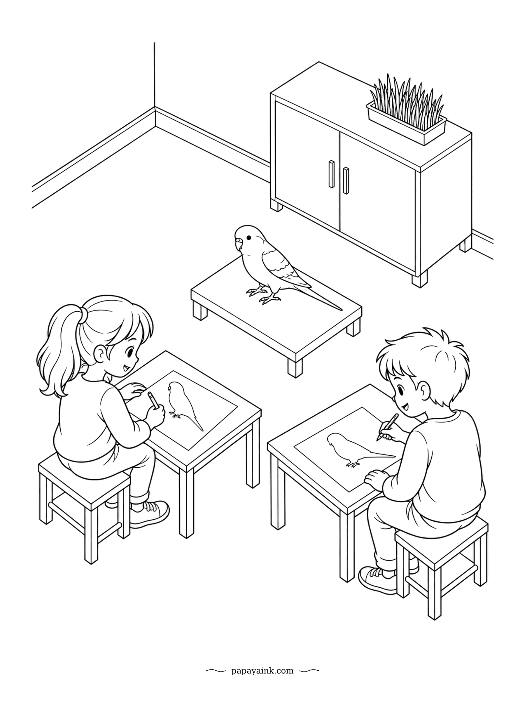 Parrot Coloring Pages - Life drawing class, budgie edition. The model sits perfectly still on its little table while two young artists sketch at their desks. Isometric furniture - a neat, orderly page.