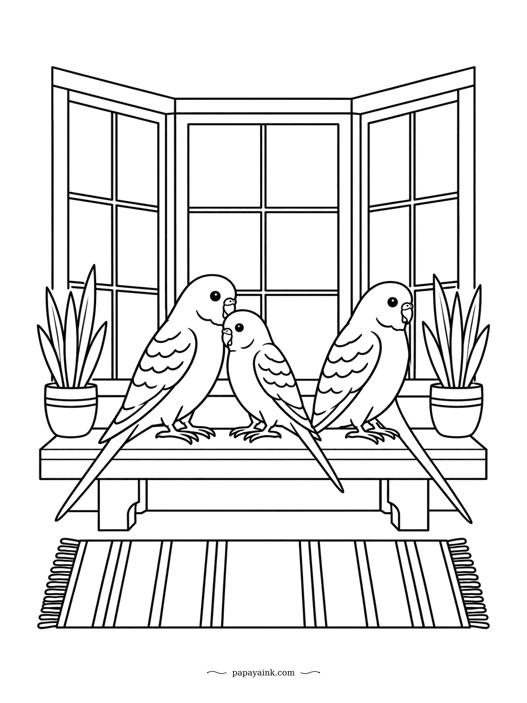 Parrot Coloring Pages - Three budgies on the window bench, lined up between two potted plants. The little one in the middle is getting a feather tidied by its neighbor. Bold outlines and a striped rug to finish in your own colors.