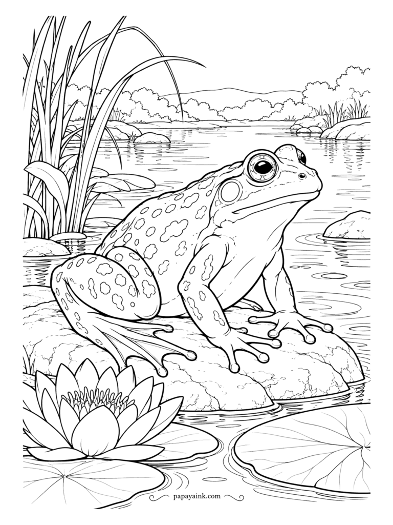 Frog Coloring Pages - Bullfrog territory: a broad speckled body parked on a sun-warmed stone, reeds behind, water lilies in front. The round disc behind the eye is the eardrum - give it its own shade, it is the detail most people miss.