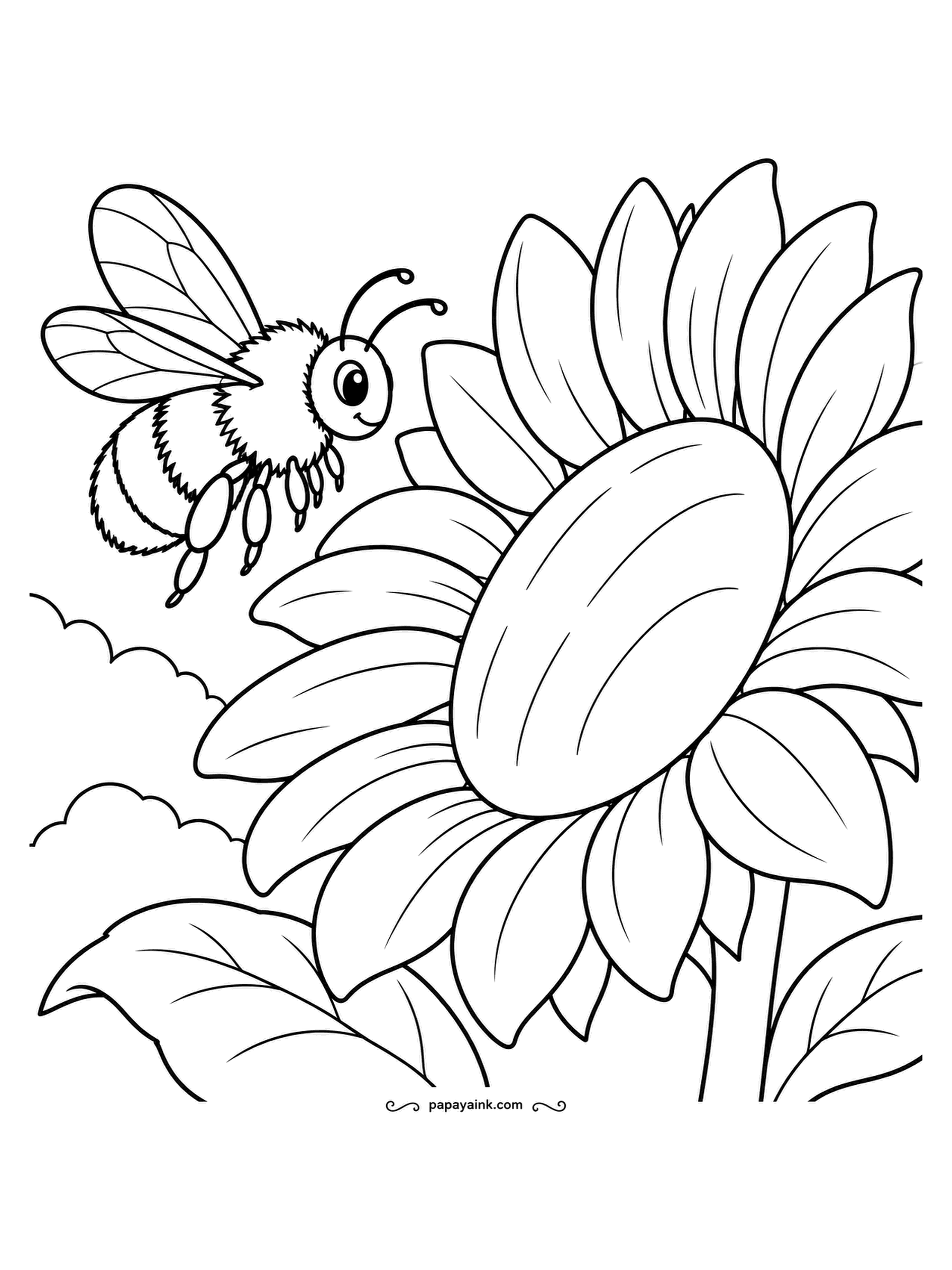 Garden Coloring Pages - Fat and fuzzy, a bumblebee hangs in the air beside a sunflower bigger than it could ever need. The flower center is empty space for stippled brown dots, and the bee wants a fuzzy edge rather than hard black bands.
