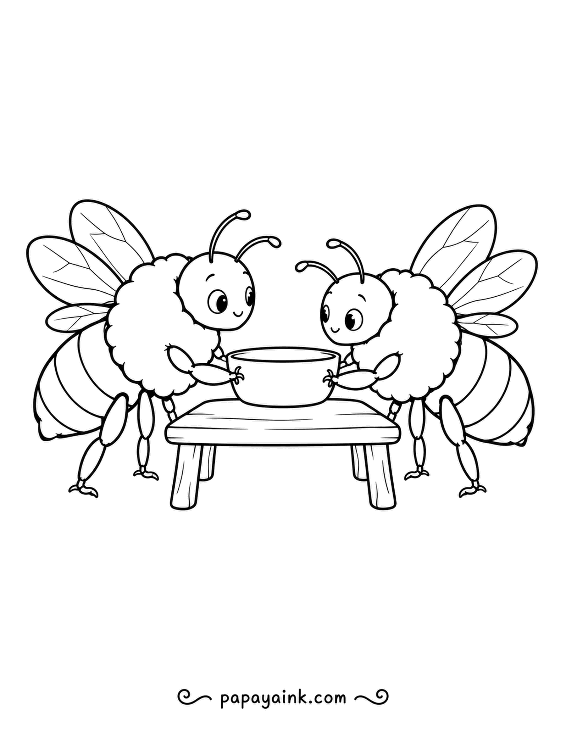 Bee Coloring Pages - Two fluffy bumblebees hold a bowl together over a little table, one passing it carefully to the other. It is a sweet page for siblings or friends to color side by side.