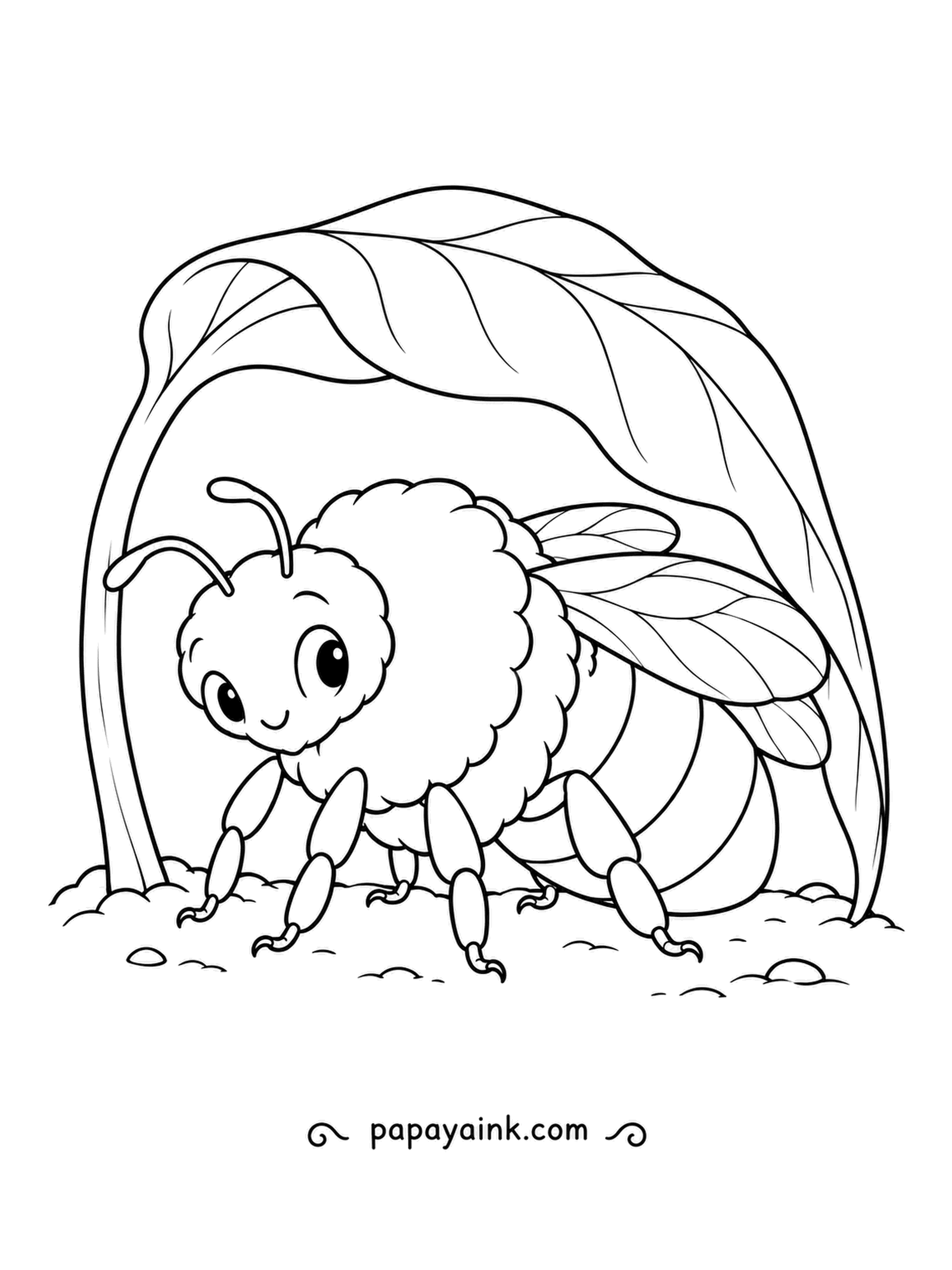 Bee Coloring Pages - Rain or shine, this bumblebee stays snug under a big leaf that arches over it like a tent. Real bumblebees often wait out bad weather tucked beneath leaves or flowers until the sun returns.