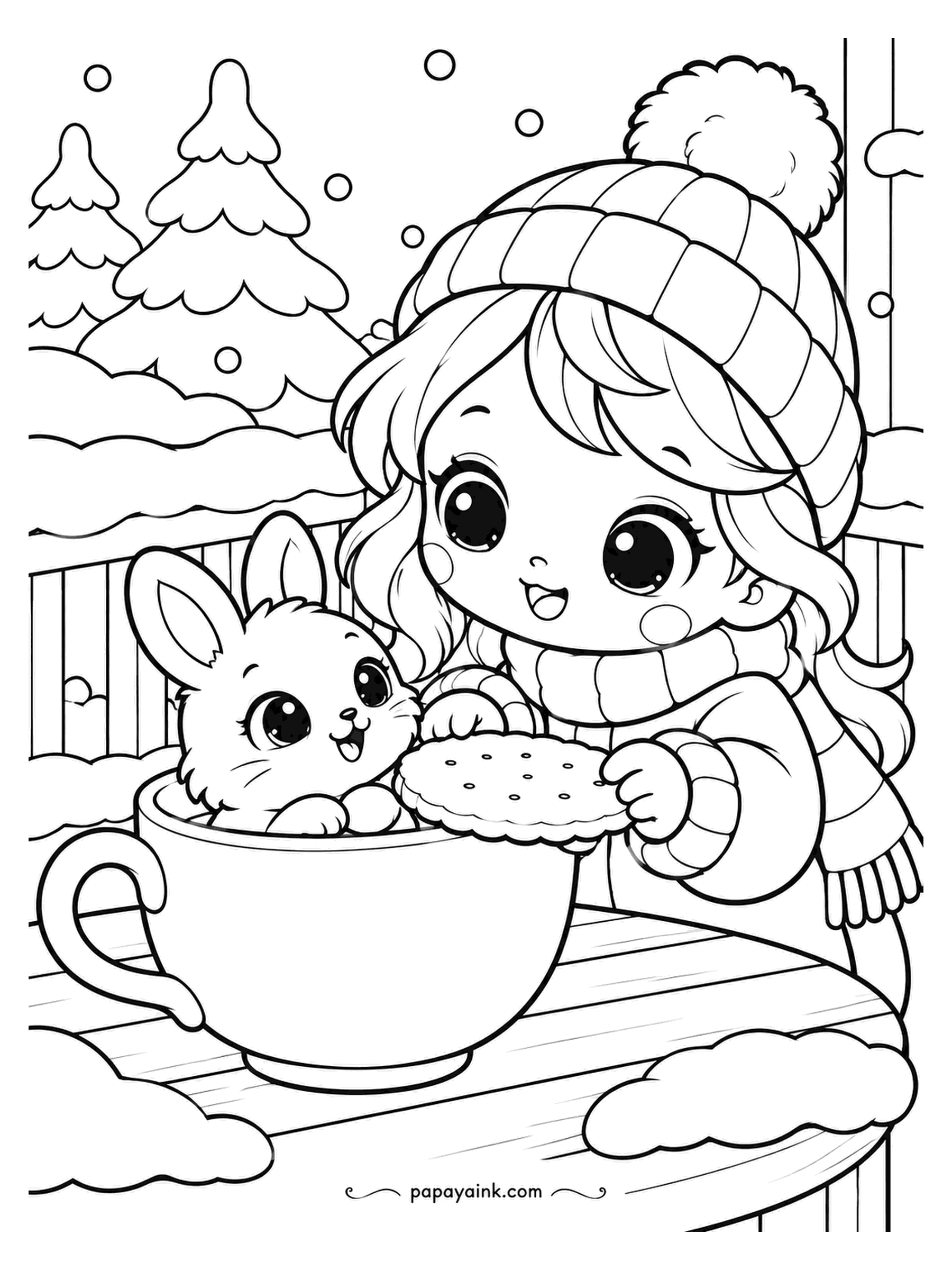 Kawaii Winter Coloring Pages - The teacup is big enough for a bunny, and the cookie is nearly big enough for two. The girl at the snowy table splits it anyway. Warm brown inside the cup turns this into cocoa; blue turns it into a bath.