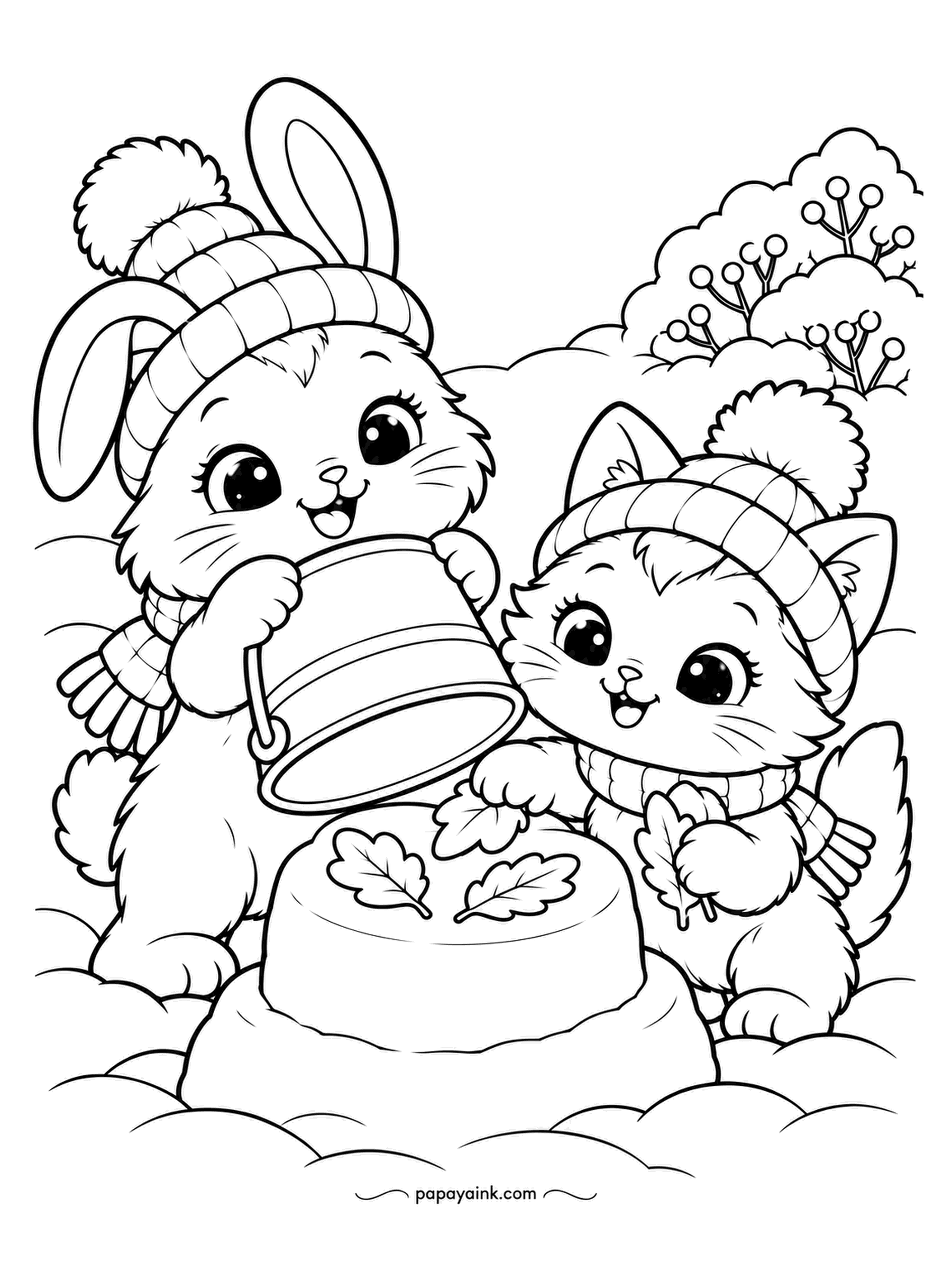 Cute Winter Coloring Pages - Cake made of snow, one tier, decorated with leaves. The bunny tips a bucket of fresh snow onto the top while the kitten sets the last leaf in place. Round shapes and open snow: good for a first winter sheet.