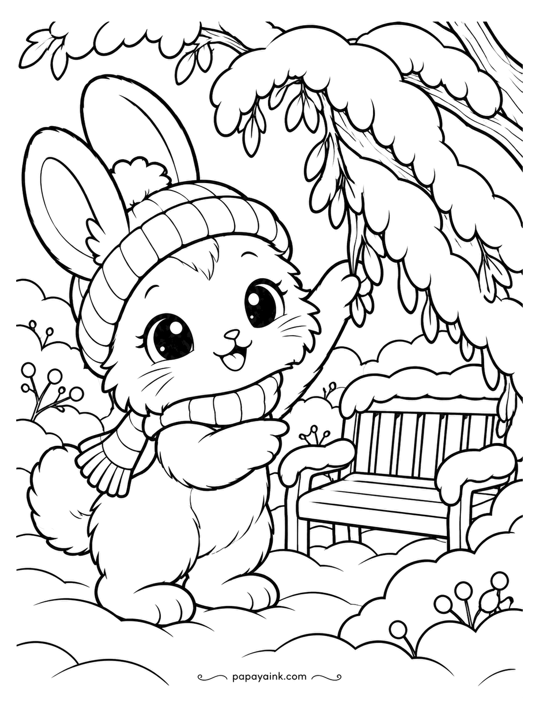 Kawaii Winter Coloring Pages - The bunny lifts the snowy branch like a curtain, and behind it there is a bench nobody has sat on since autumn. Catkins hang from the branch in rows. Yellow on the catkins, and the bench in weathered brown.
