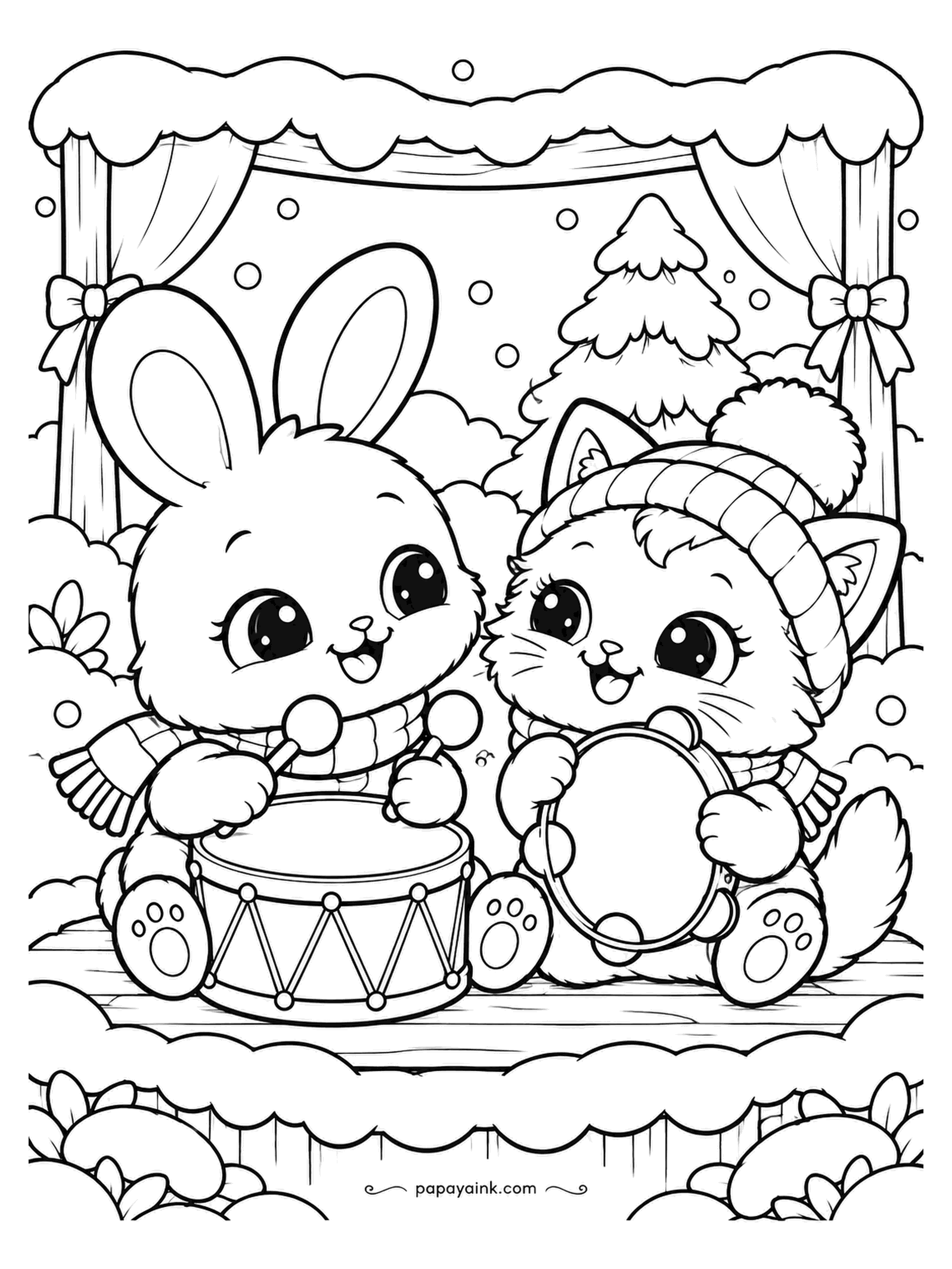 Kawaii Winter Coloring Pages - Drum and tambourine, bunny and kitten, one snowy stage with the curtains tied back. Nobody rehearsed, and the pine tree is the only audience. Striped scarves and a red drum make the stage pop. Detailed.