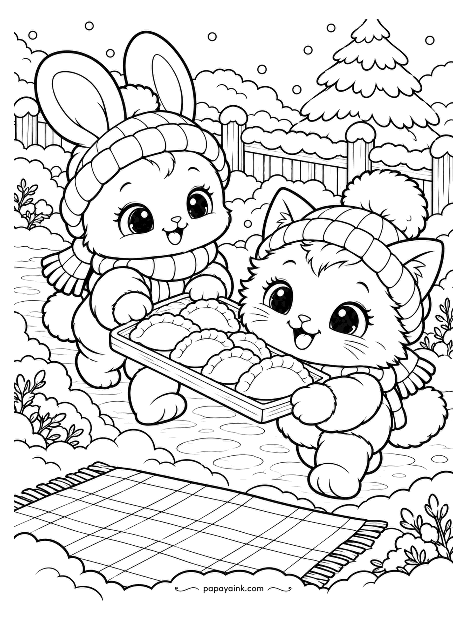 Kawaii Winter Coloring Pages - Dumplings, hot from the snow kitchen, carried on a tray across the yard to a plaid blanket. The bunny walks slowly; the kitten counts them on the way. Red and green checks on the blanket, dumplings left pale.