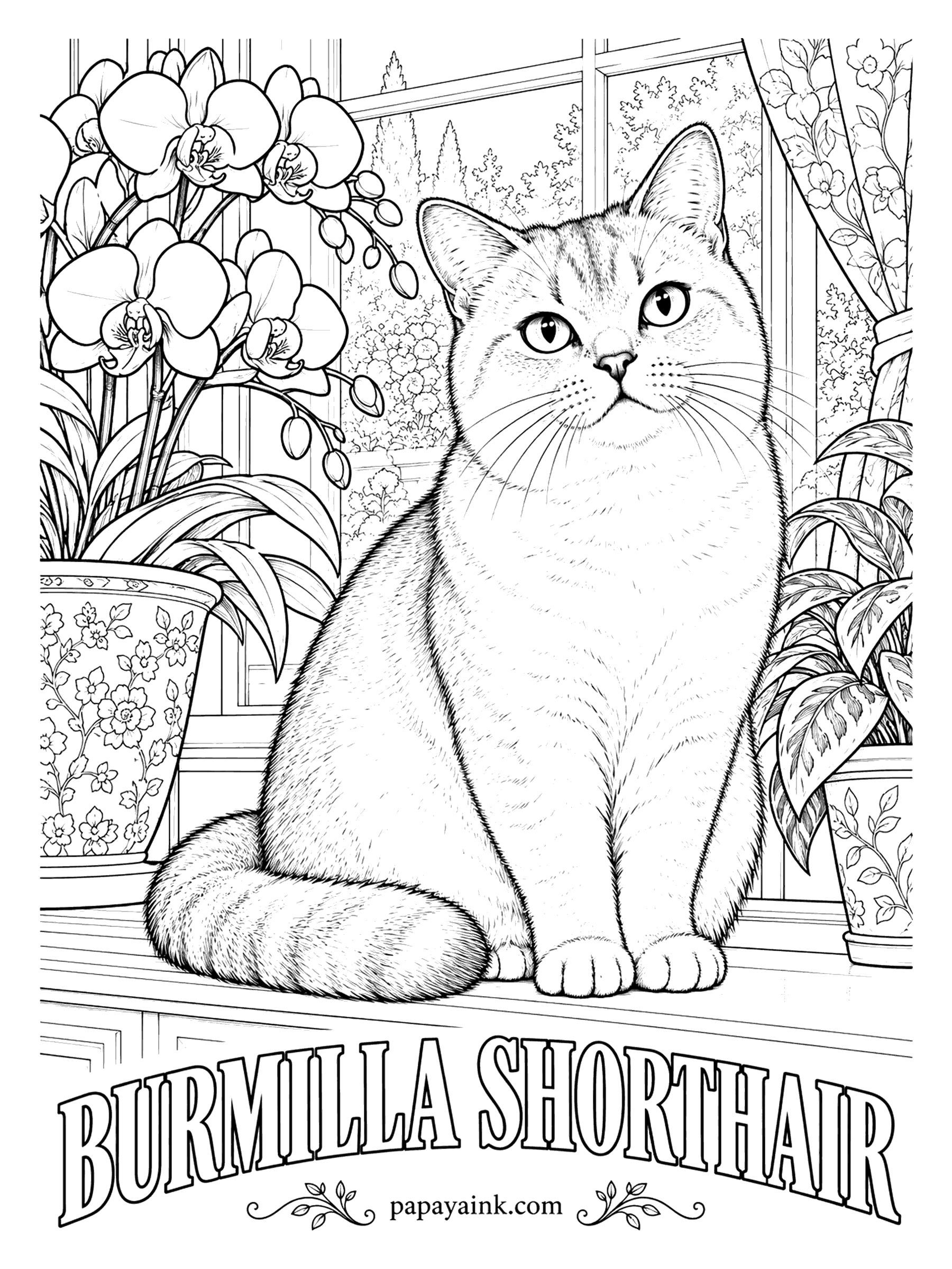 Free Printable Cat Coloring Pages - An accidental romance between a Burmese and a Chinchilla Persian produced the Burmilla. The coat is silver, shaded or tipped with a darker color, and dark rims outline the green eyes like makeup. Shade just the tips of the fur.