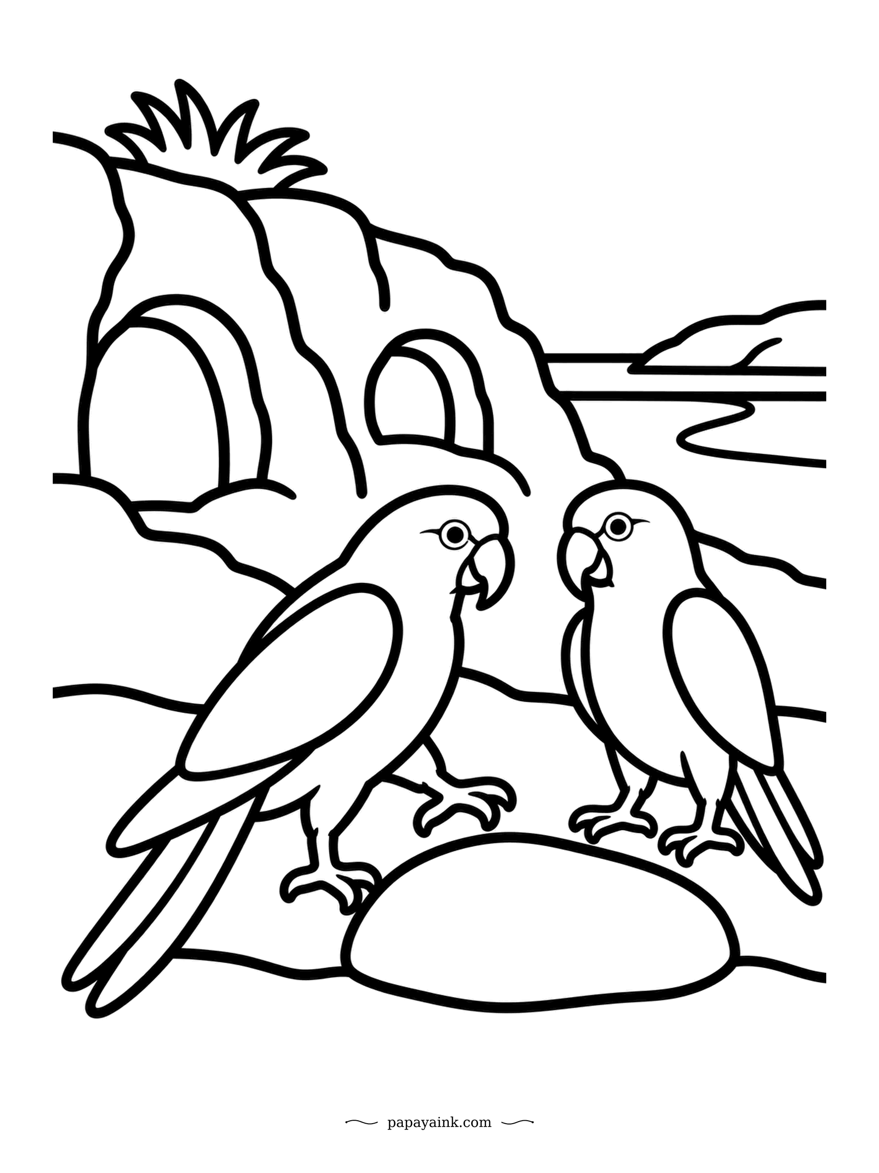Parrot Coloring Pages - Burrowing parrots nest in tunnels dug into sandstone cliffs in Patagonia, and this pair has stopped outside the front door beside a big round stone. Thick lines and chunky shapes, ideal for younger colorists.