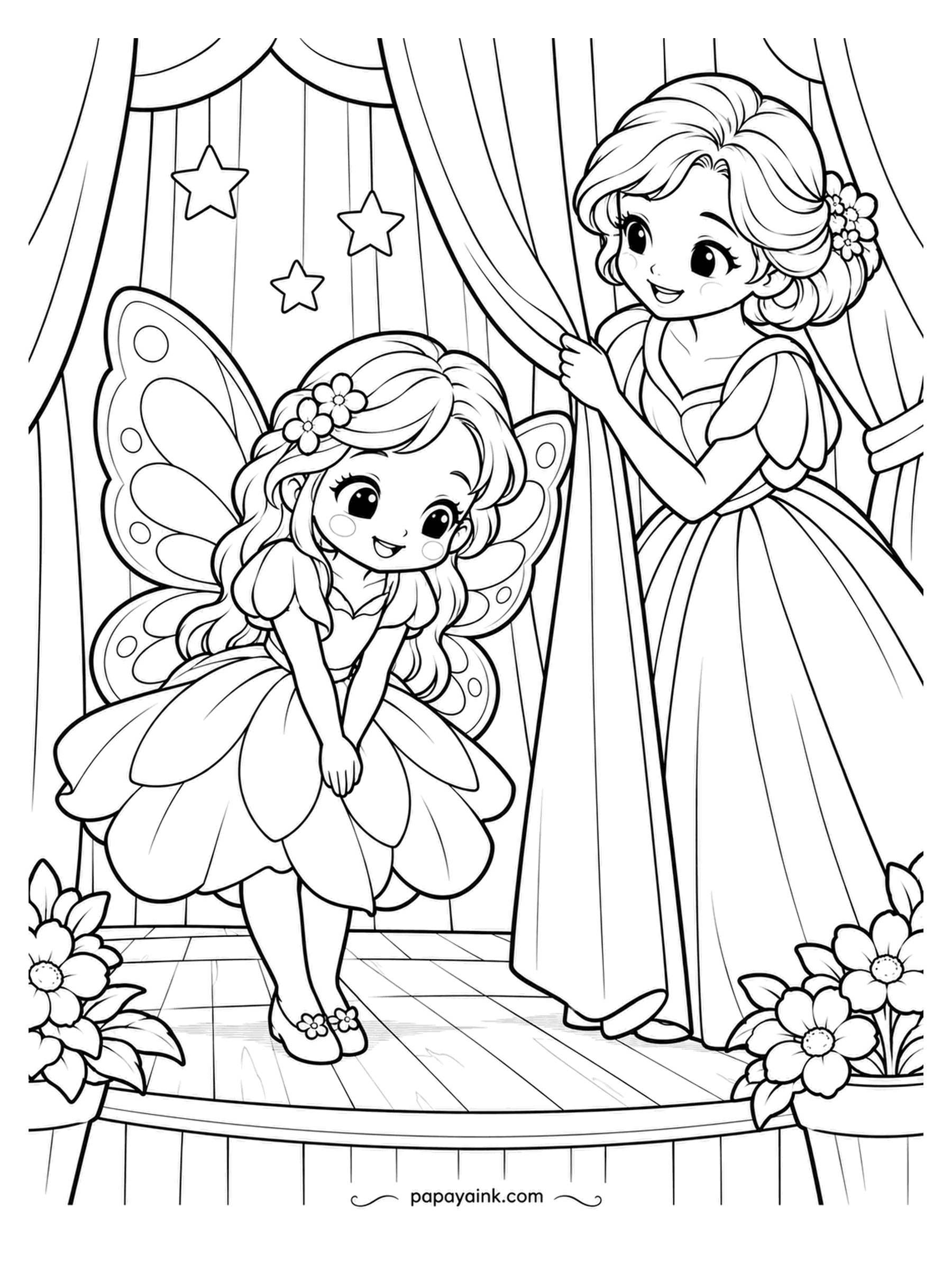 Kawaii Princess Coloring Pages - Opening night, first curtsy. The princess in the butterfly wings bends at the knee while her friend holds the curtain back, and stars hang over the stage. Wings in a pair of shades with the spots left bare, dress petals in a third.