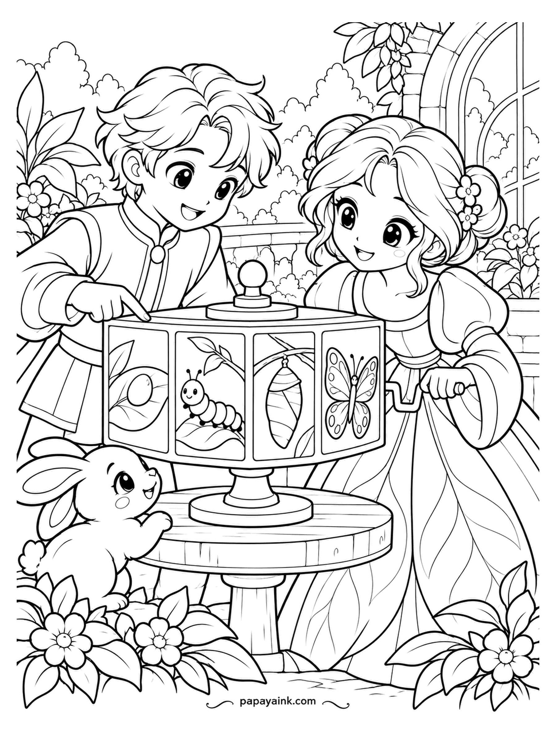 Kawaii Princess Coloring Pages - Turn the crank and the caterpillar on the drum becomes a butterfly. The picture disc shows all four stages, from egg to wings, and the rabbit has climbed onto the table for a closer look. Try a different shade in each window of the drum.
