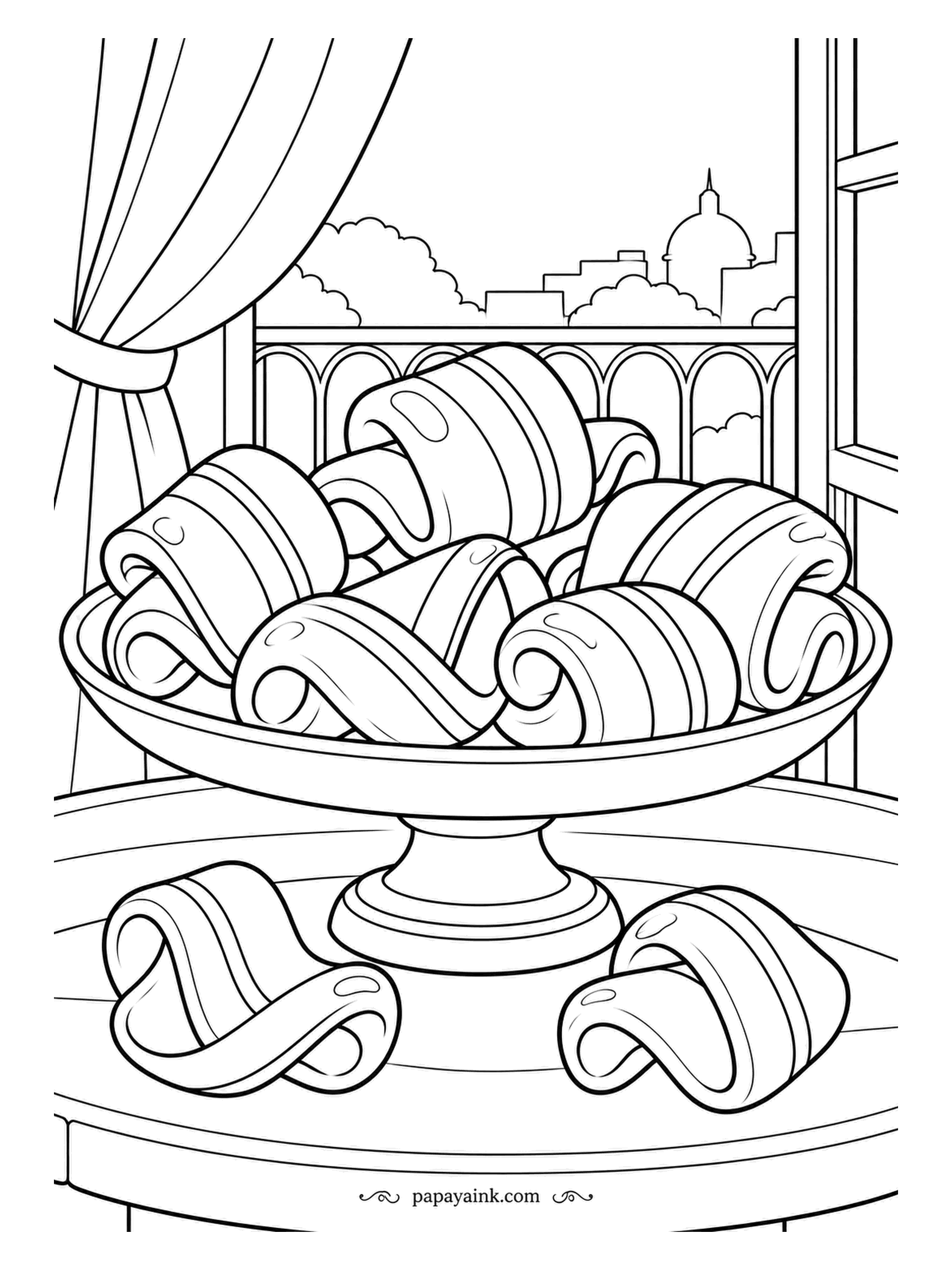 Candy Coloring Pages - Curls of ribbon candy on a cake stand on the cafe balcony, domes and rooftops showing over the railing. Two loops have rolled off onto the table. Alternate two bright colors along the folds and keep the sky light.
