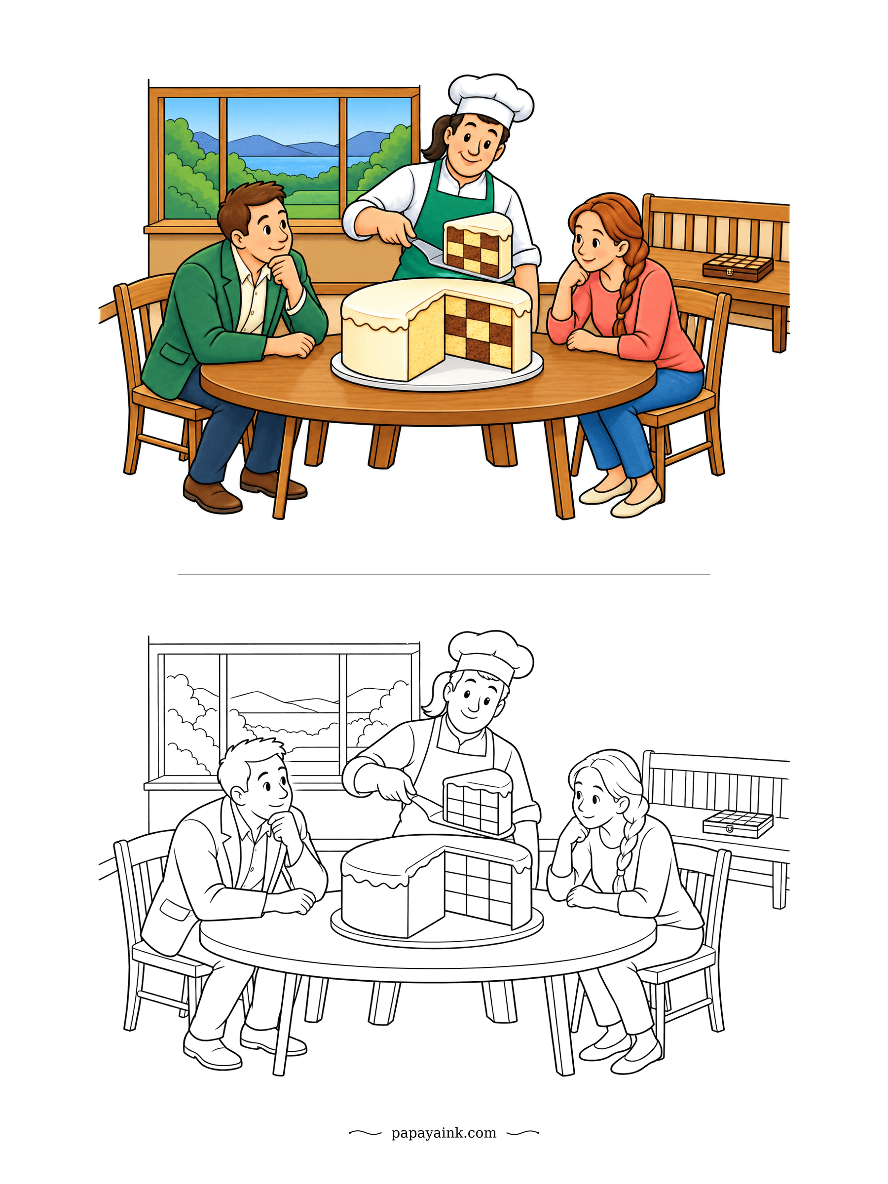 Cake Coloring Pages - Nobody can tell from the frosting. The chef lifts out a wedge that reveals a chessboard of dark and light squares, and two guests at the round table lean in. Pick up the two sponge colors from the upper picture.