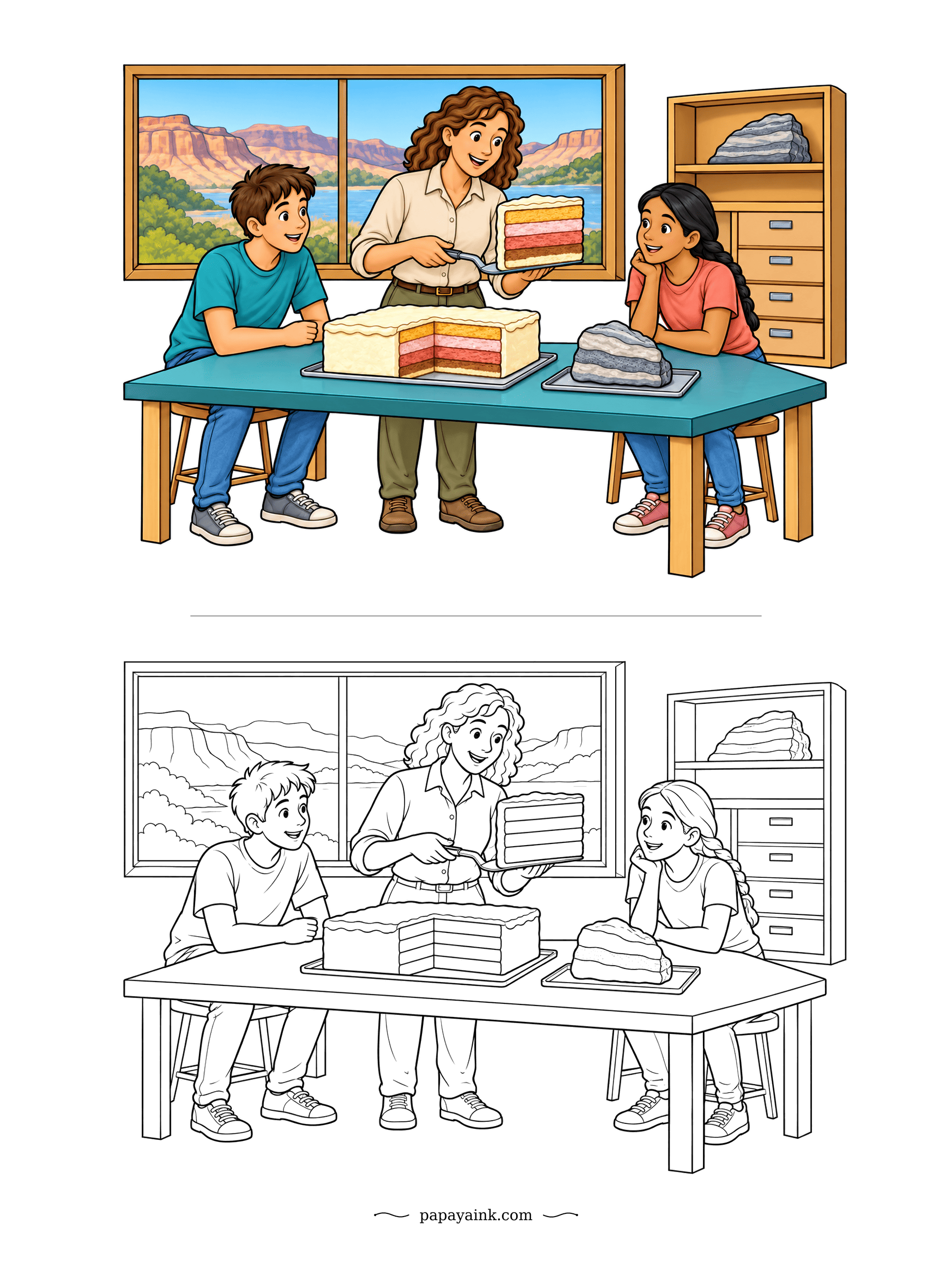 Cake Coloring Pages - Rock layers, in cake form. The club leader holds up a piece striped like canyon strata, and a real specimen sits alongside for comparison. Canyon walls fill the window. Copy the pinks and corals for the bands. Detailed.
