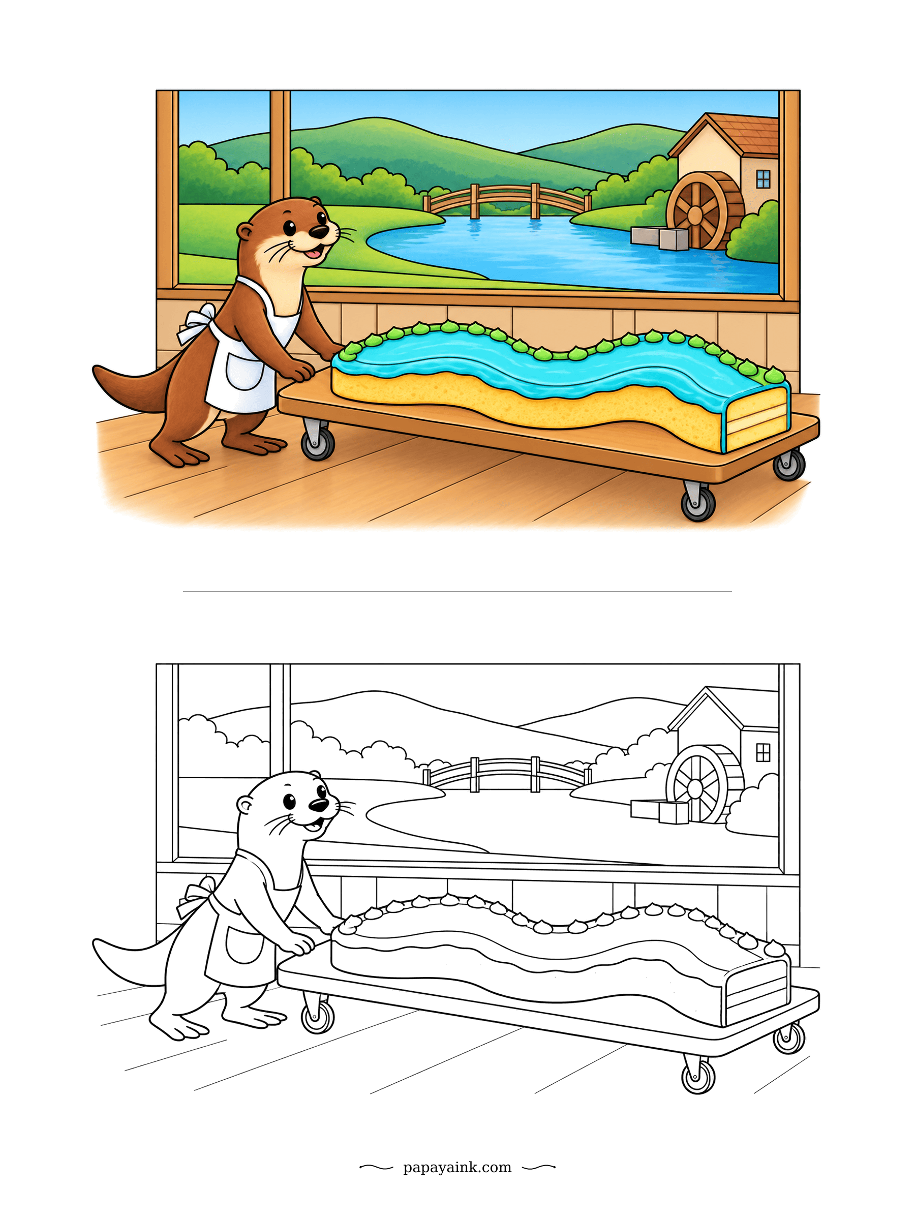 Cake Coloring Pages - The view became the recipe: an otter wheels in a long cake iced as a winding river with green banks, exactly like the one outside, mill wheel and bridge included. Sandy edges and bright water, as in the model.