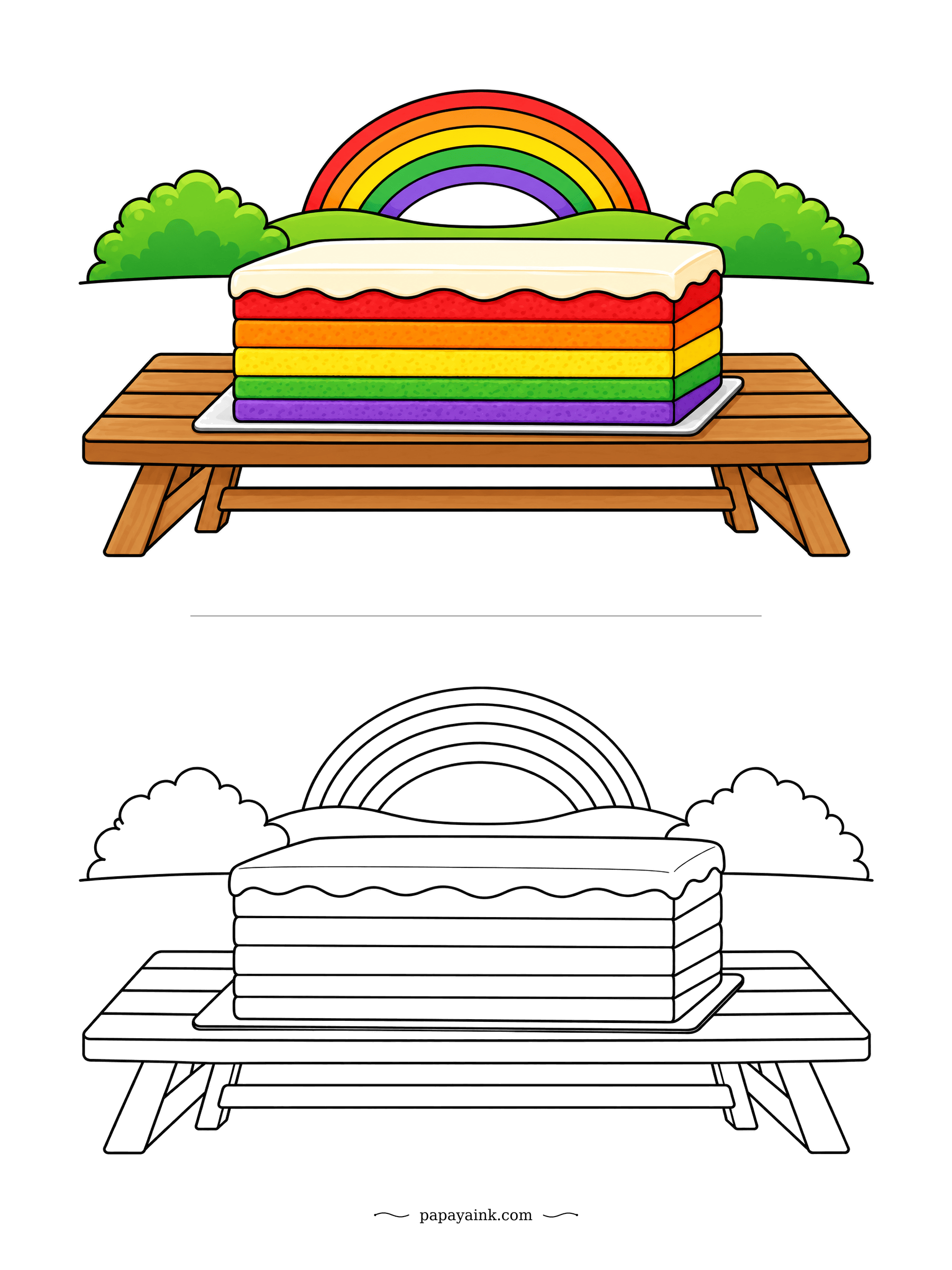Cake Coloring Pages - Five bright layers, in the same order as the rainbow arching over the hills behind. The cake sits on a picnic bench with nothing else to distract. Very easy: copy the stripes from the top, warmest shade first.