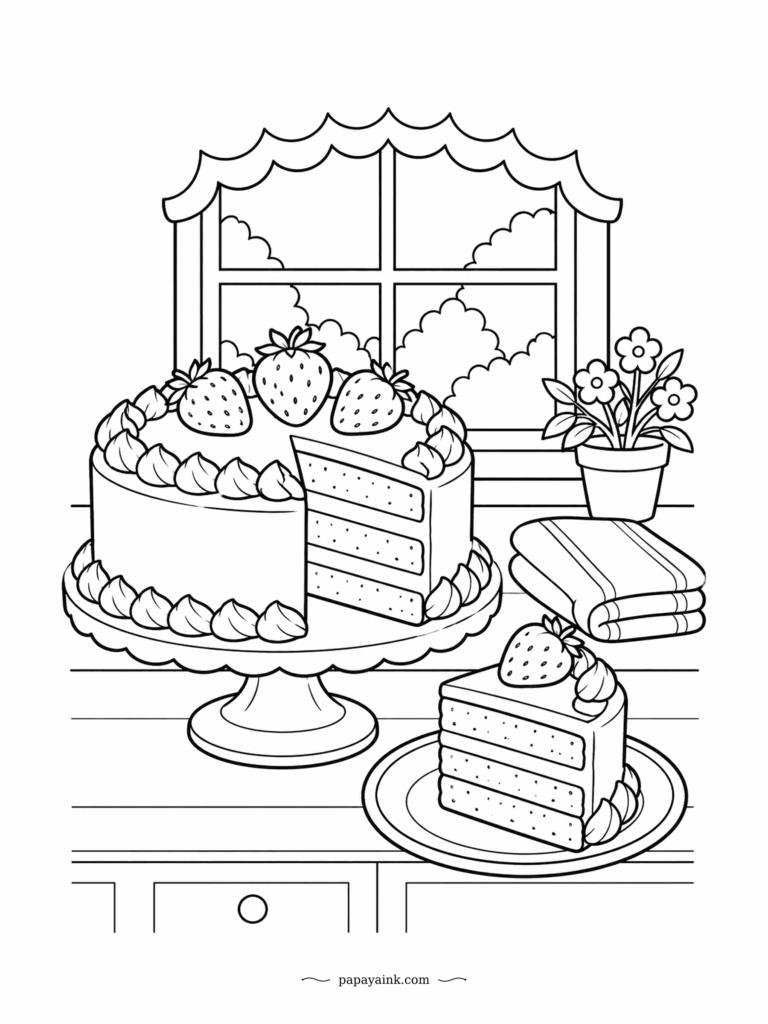 Cake Coloring Pages - The first slice is already out, which settles whether anyone was going to wait. Whole strawberries crown the top, cream swirls circle the rim and the cut shows three layers of sponge. Keep the cream barely tinted so the red berries carry the page.