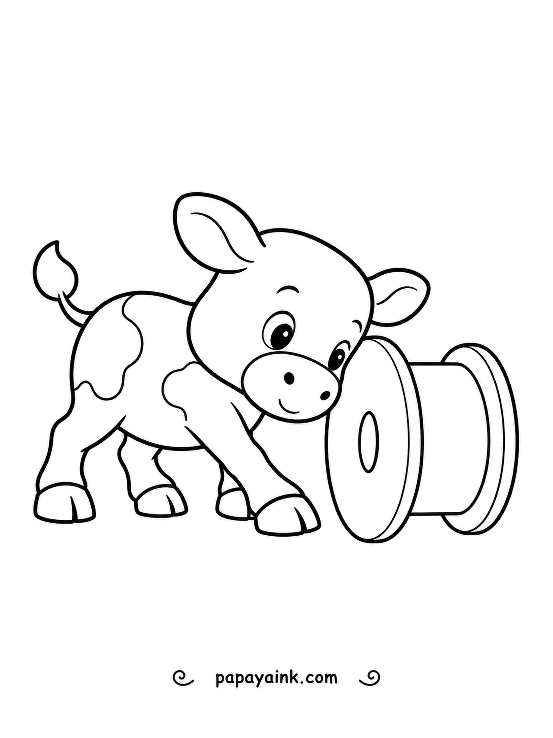 Cow Coloring Pages - Head down, spots and all, the calf nudges an empty thread spool across the floor with its forehead, quite sure this is the best game ever invented. Chunky contours - perfect for small hands.