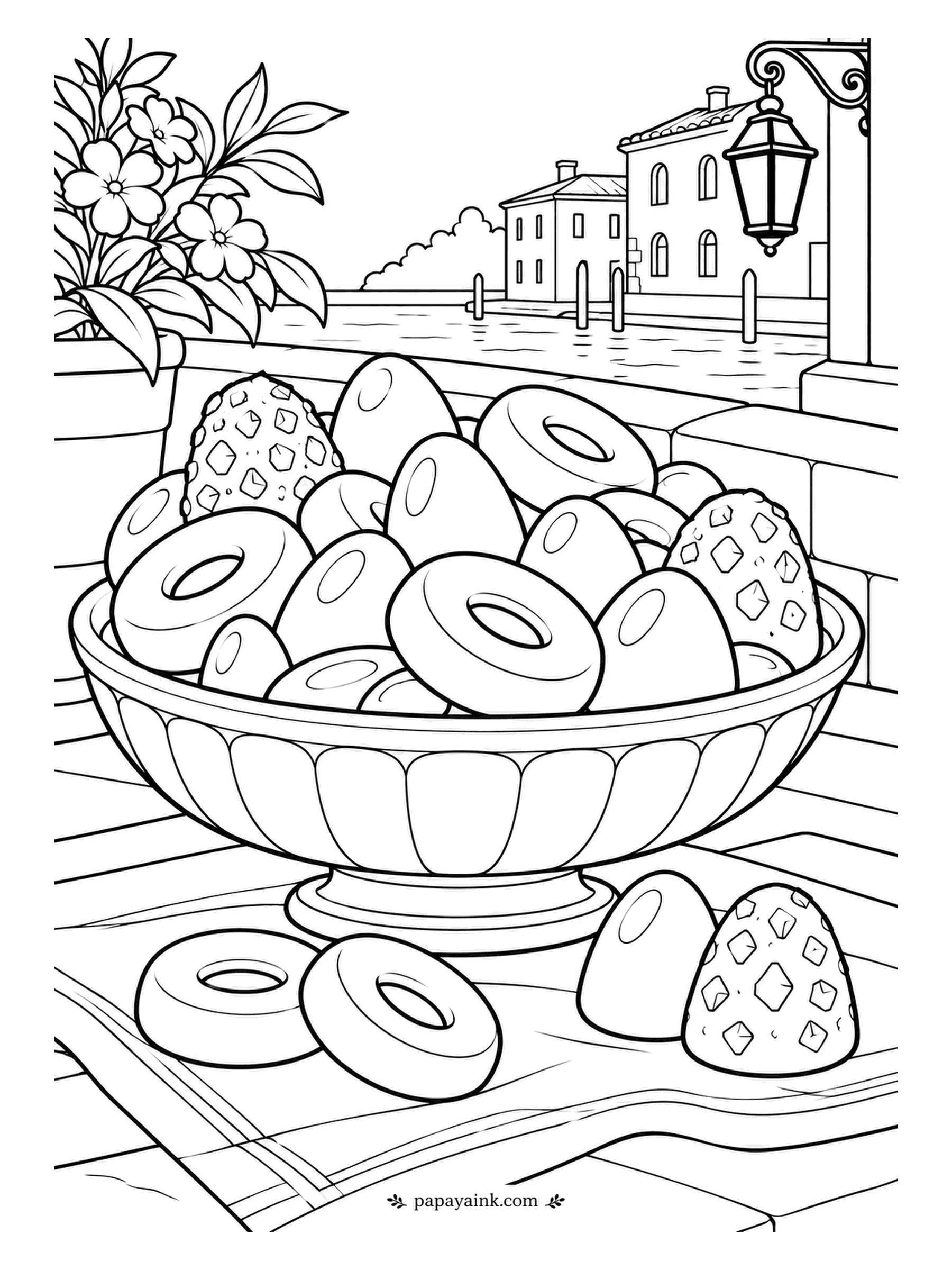 Candy Coloring Pages - Jelly rings and gumdrops in a fluted pedestal bowl beside the canal, a streetlamp and a stone house across the water. Four pieces sit on the striped cloth. Sugar-coated ones get dots, the rest get gloss.