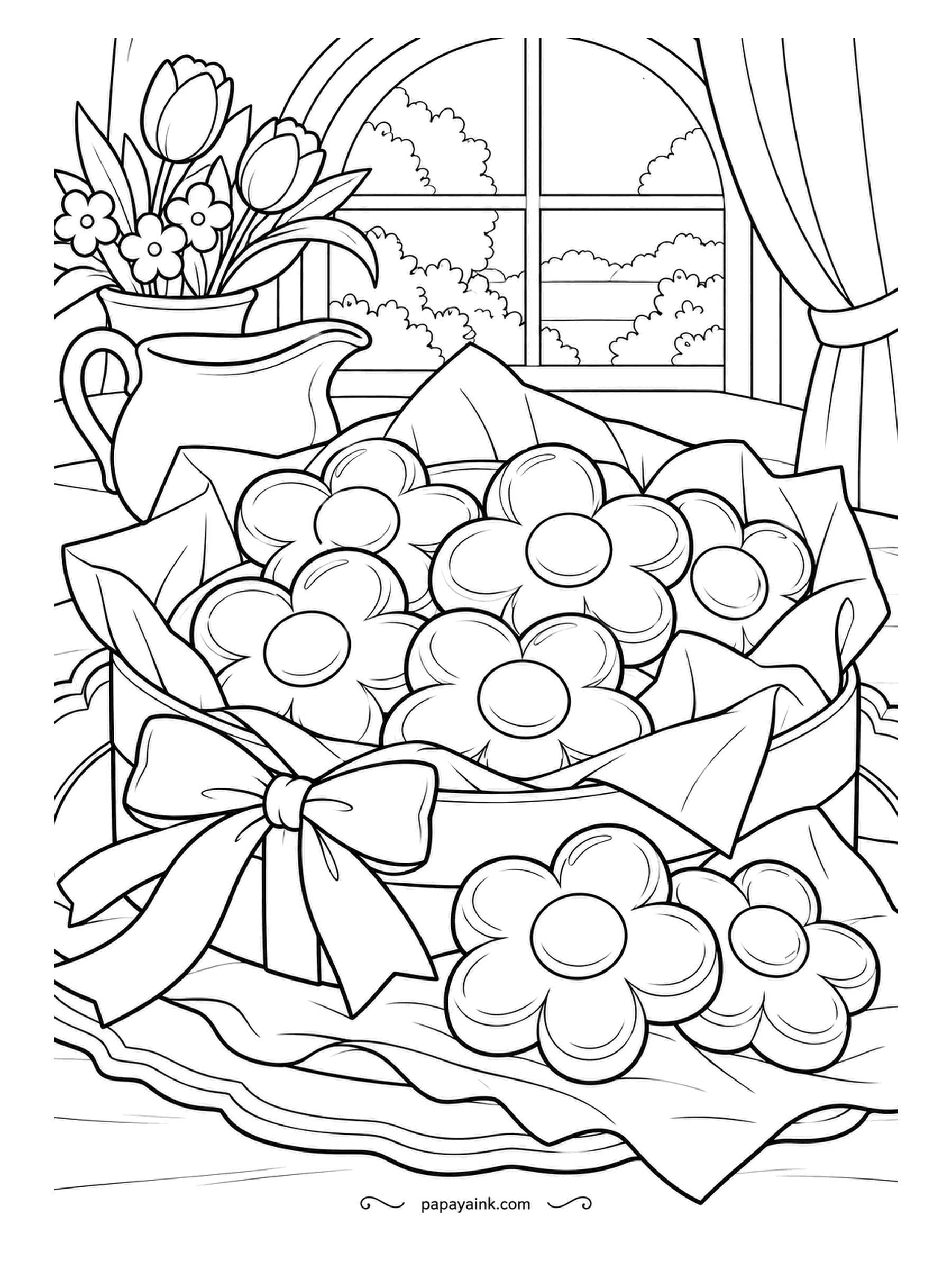 Candy Coloring Pages - Flower candies packed in tissue inside a round carton with a bow on top, tulips and a cream jug on the sill. Two blossoms have been set out on the napkin, perhaps as samples. Petals in pastels, centers in yellow.