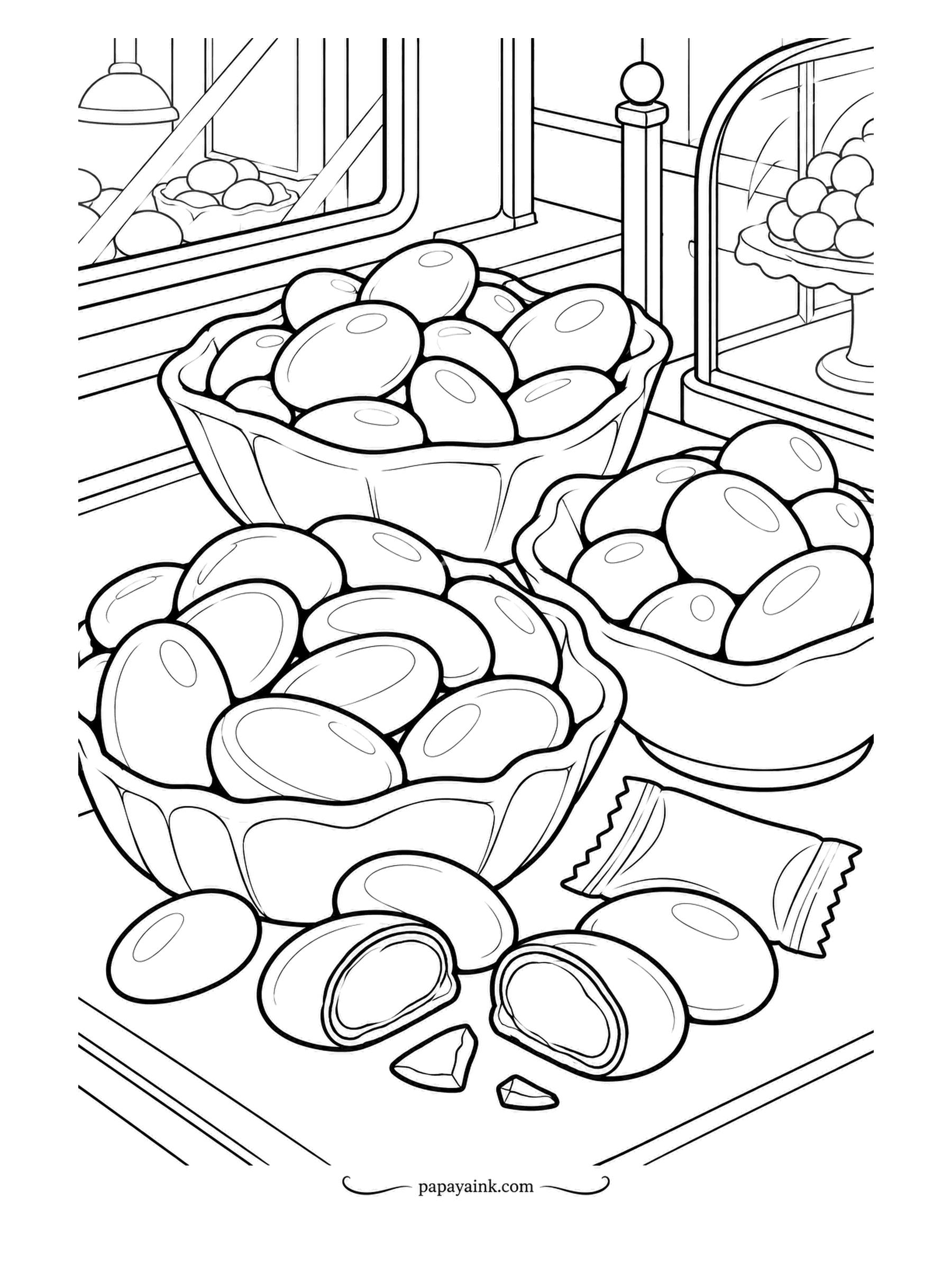 Candy Coloring Pages - Candy pebbles - smooth candy shells around a chocolate center - fill three bowls on the shop counter, with the display case lit up behind. Two have been bitten in half. Shell colors can be anything; the middle stays brown.