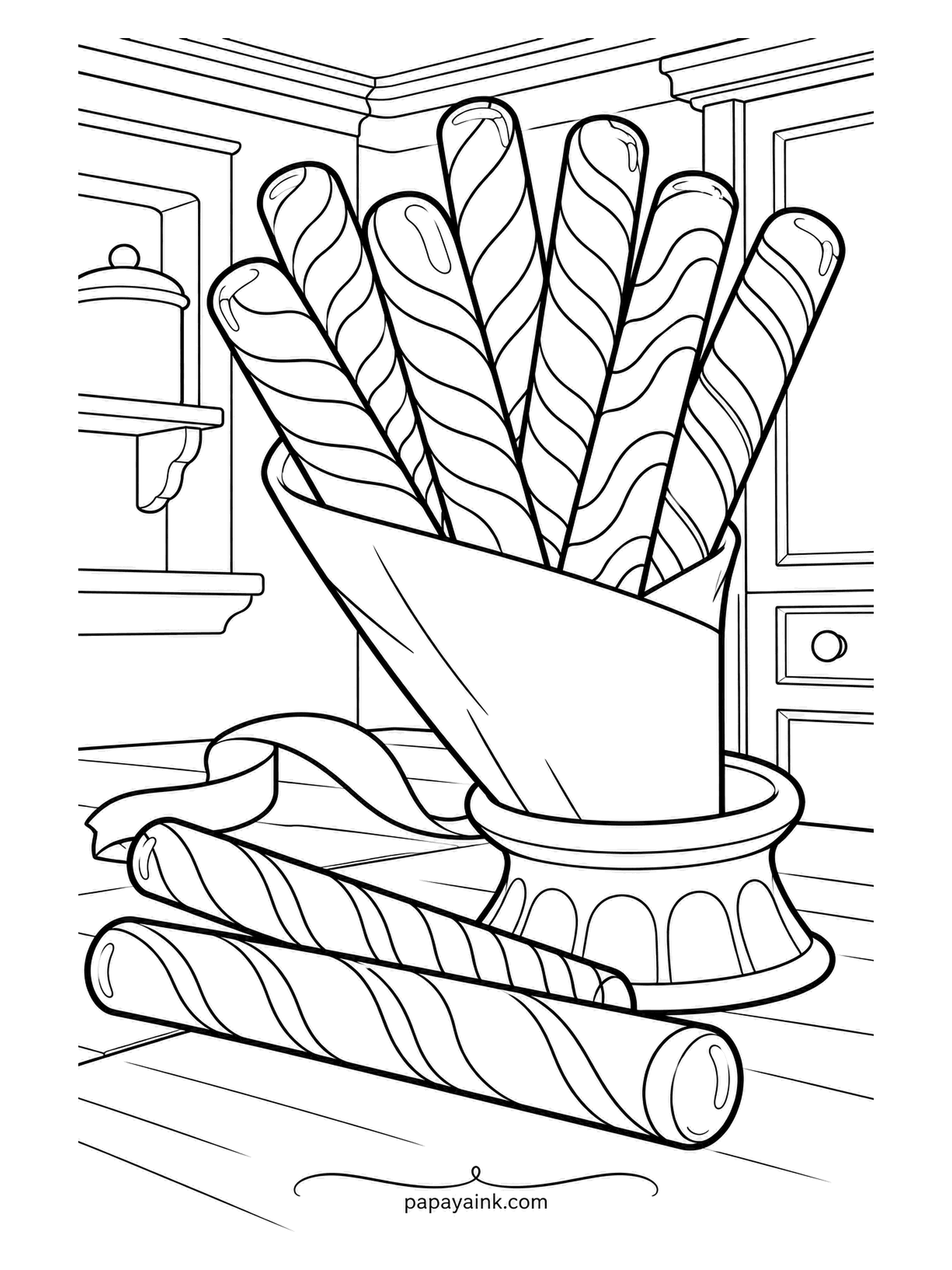 Candy Coloring Pages - Striped candy sticks poke out of a paper cone set in a footed pantry stand. Two more lie against a streamer at the base, waiting for someone to notice them. Each twist of stripe is a separate stroke, so sharpen the pencils.